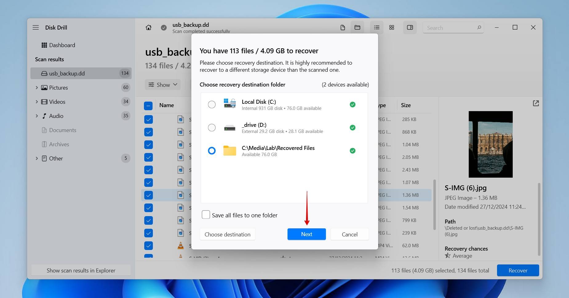 Finishing USB flash drive data recovery.