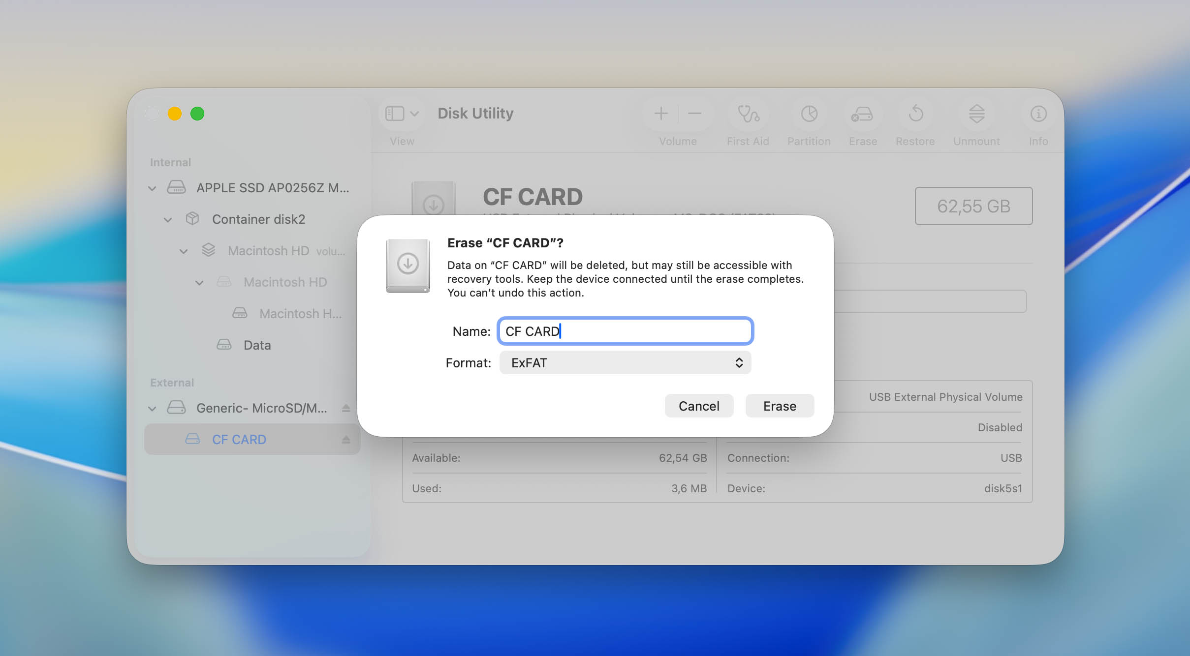 erase CF card in disk utility