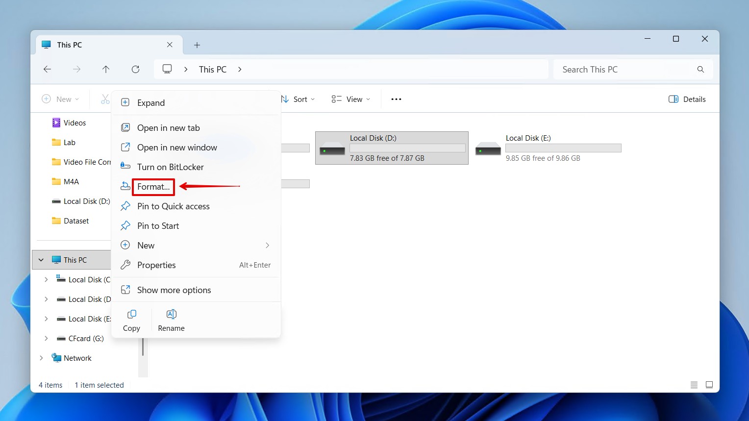 Choosing to format the CF card.