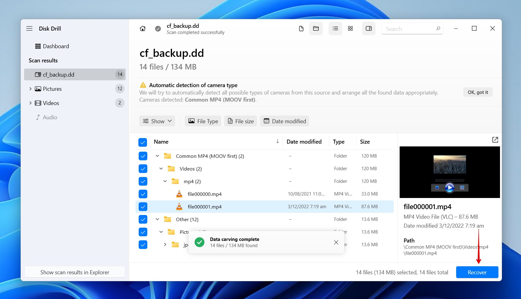 Selecting the CF data for recovery.