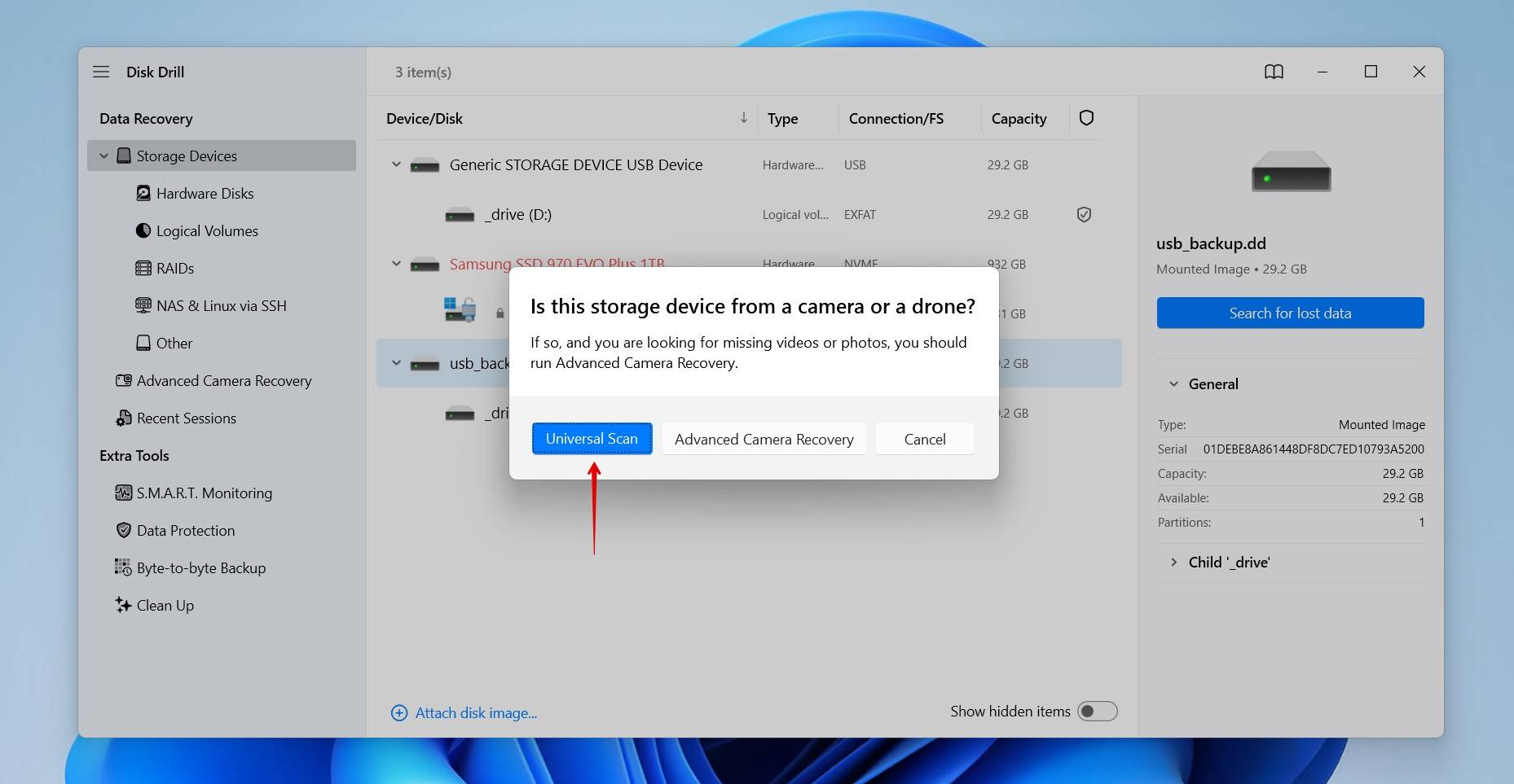 Scanning the USB with a Universal Scan.
