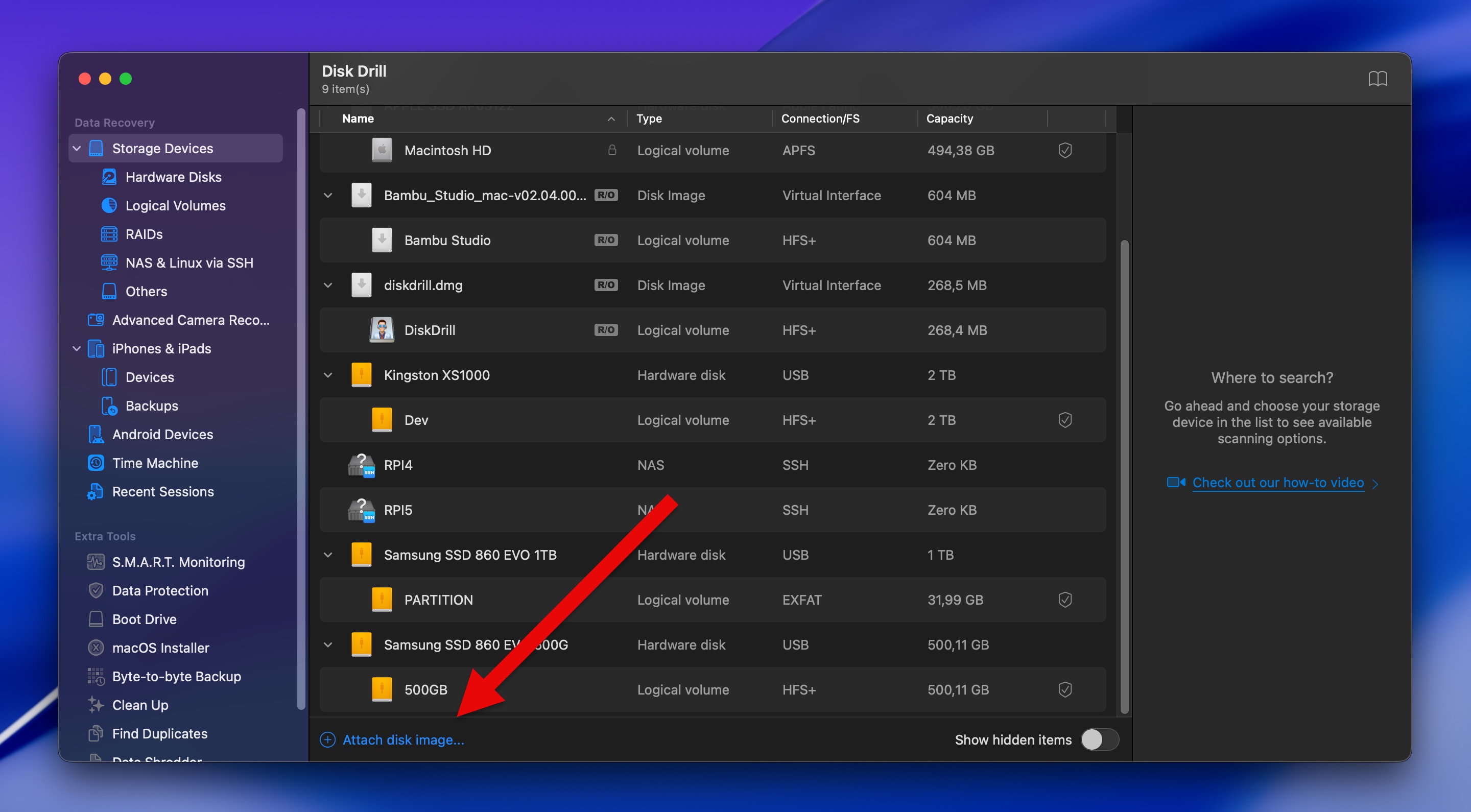 Attach Disk Image Link in Disk Drill Storage Devices Section