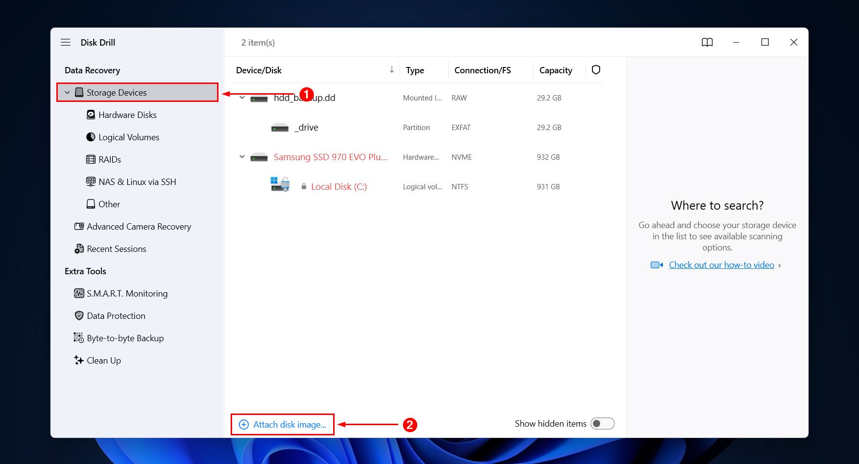 Attaching a disk image.