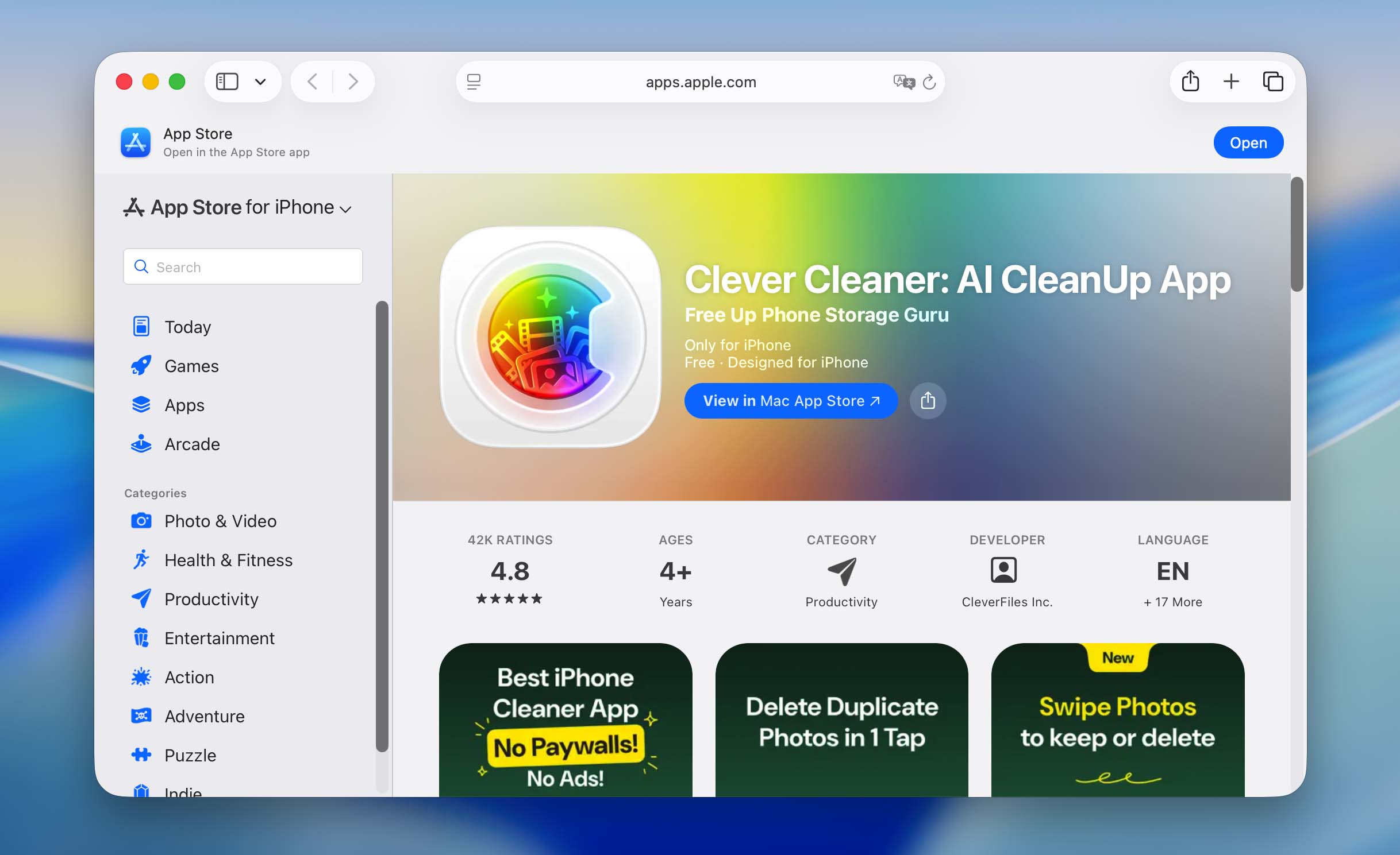 Clever Cleaner app page in the App Store.