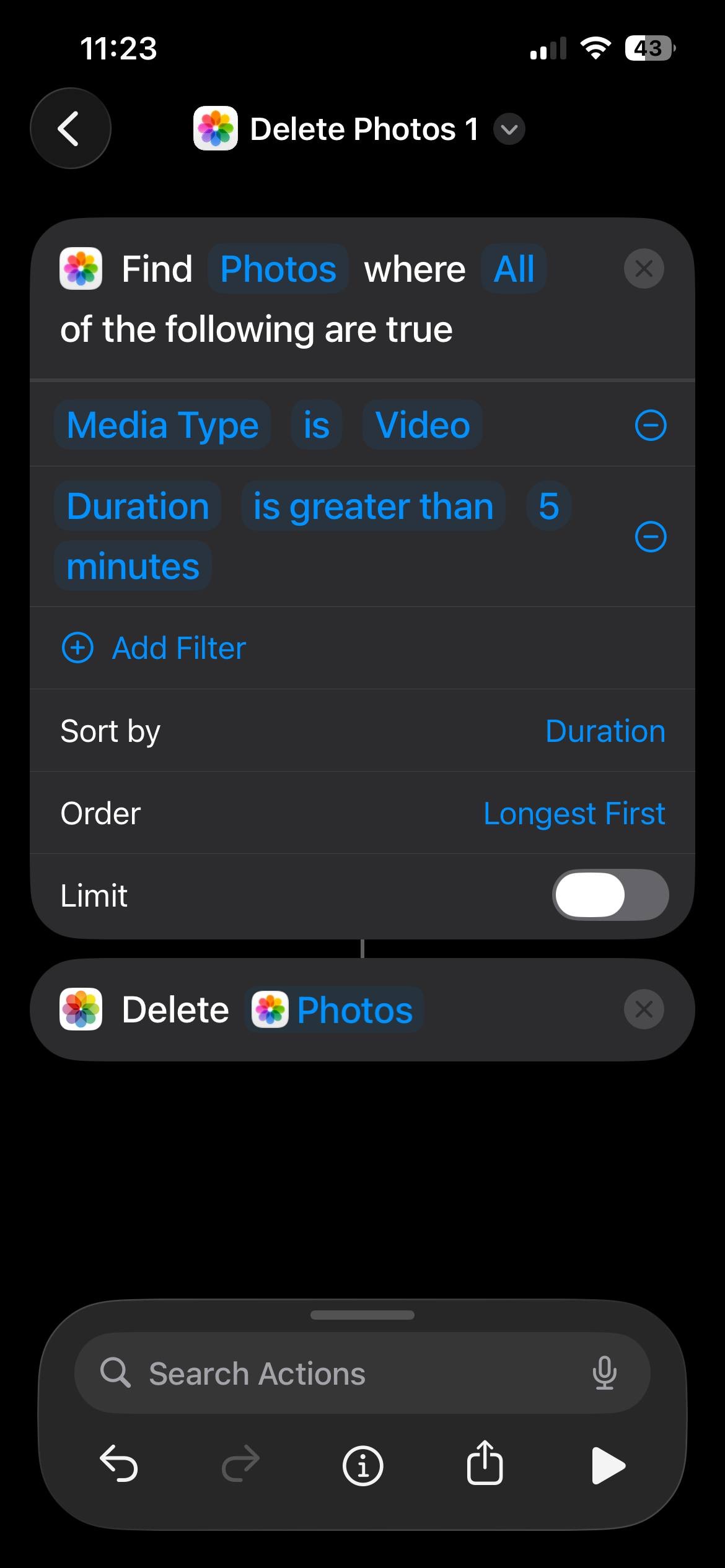 Add the Delete Photos Action to the Shortcut