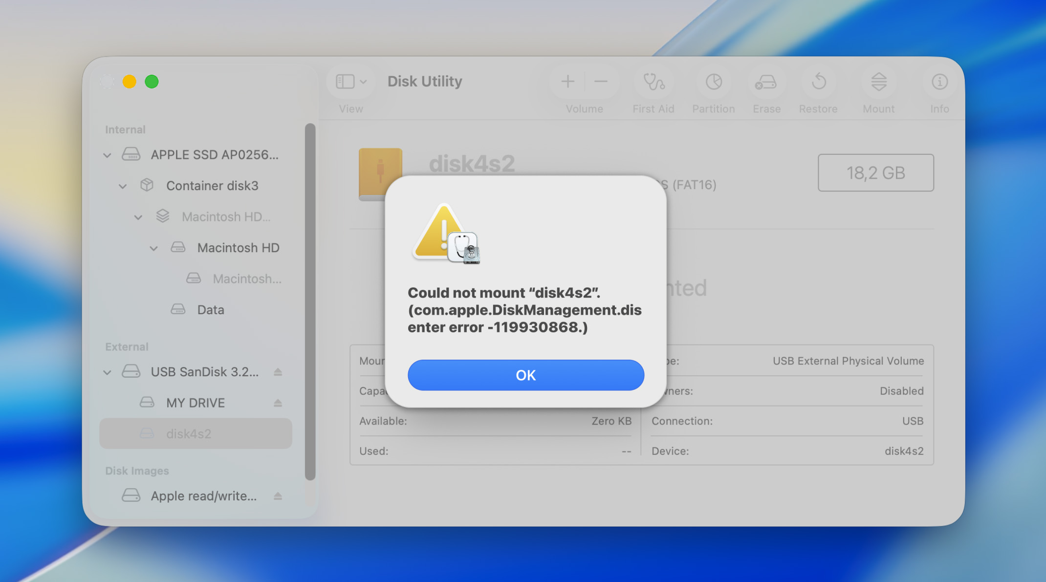 Disk Utility Showing a com.apple.DiskManagement.disenter Error Popup on macOS