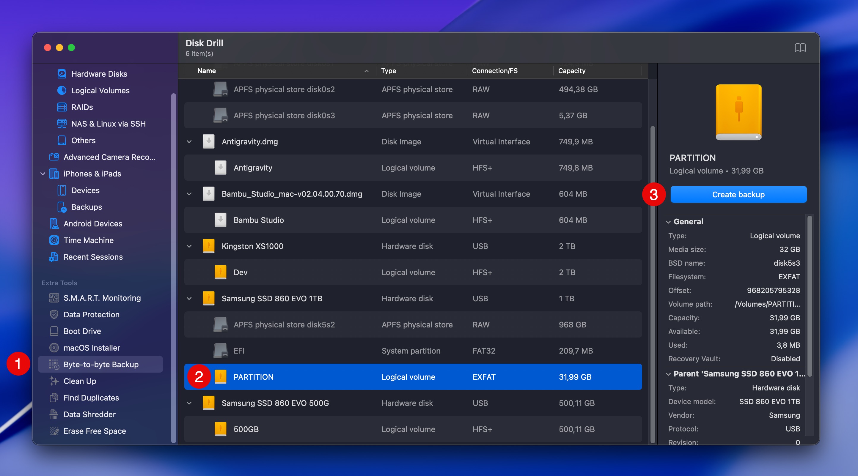 Disk Drill Byte-to-Byte Backup Screen With Create Backup Option