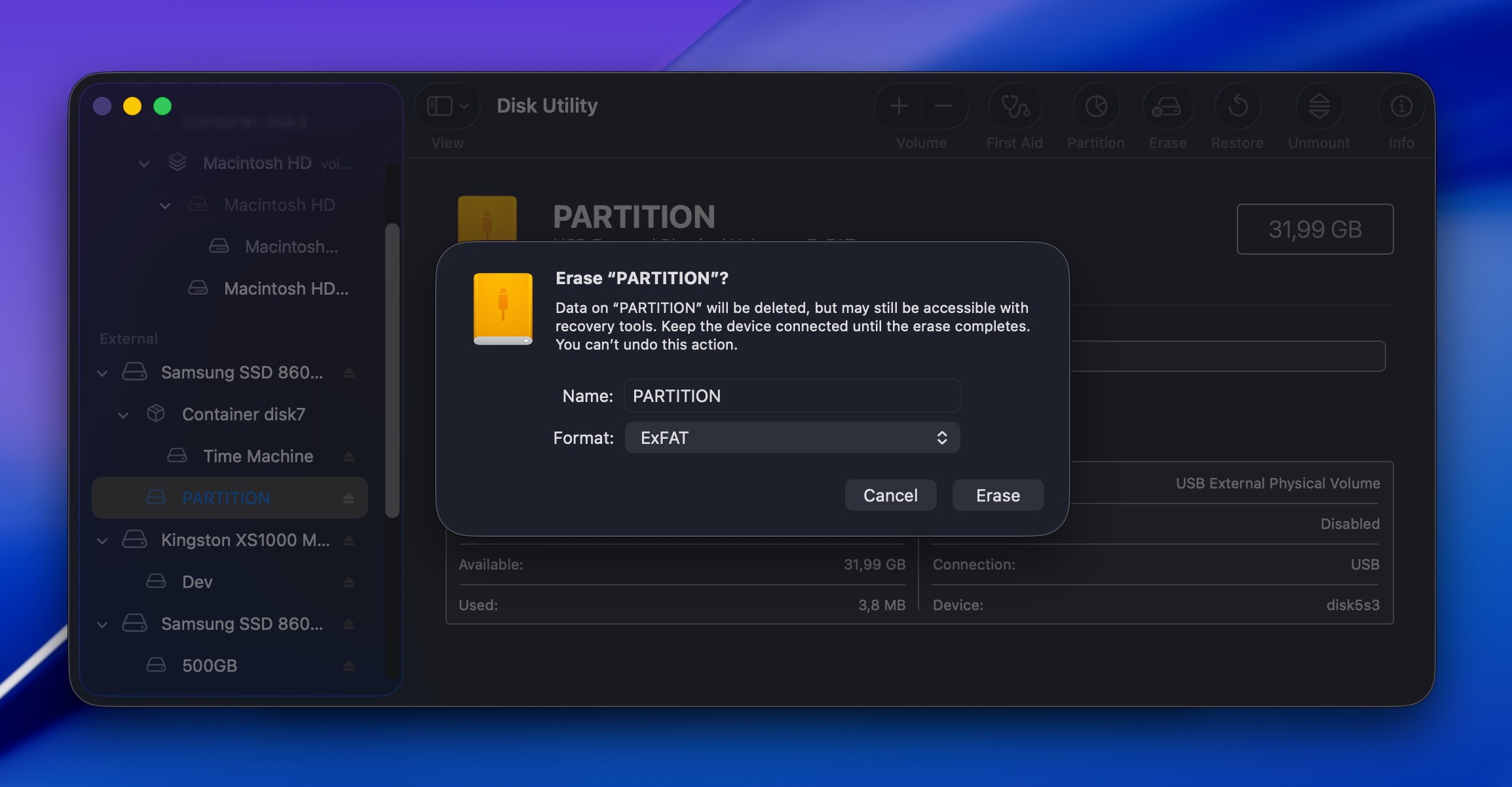 Disk Utility Erase Dialog With File System Format Options (APFS, exFAT, Mac OS Extended)