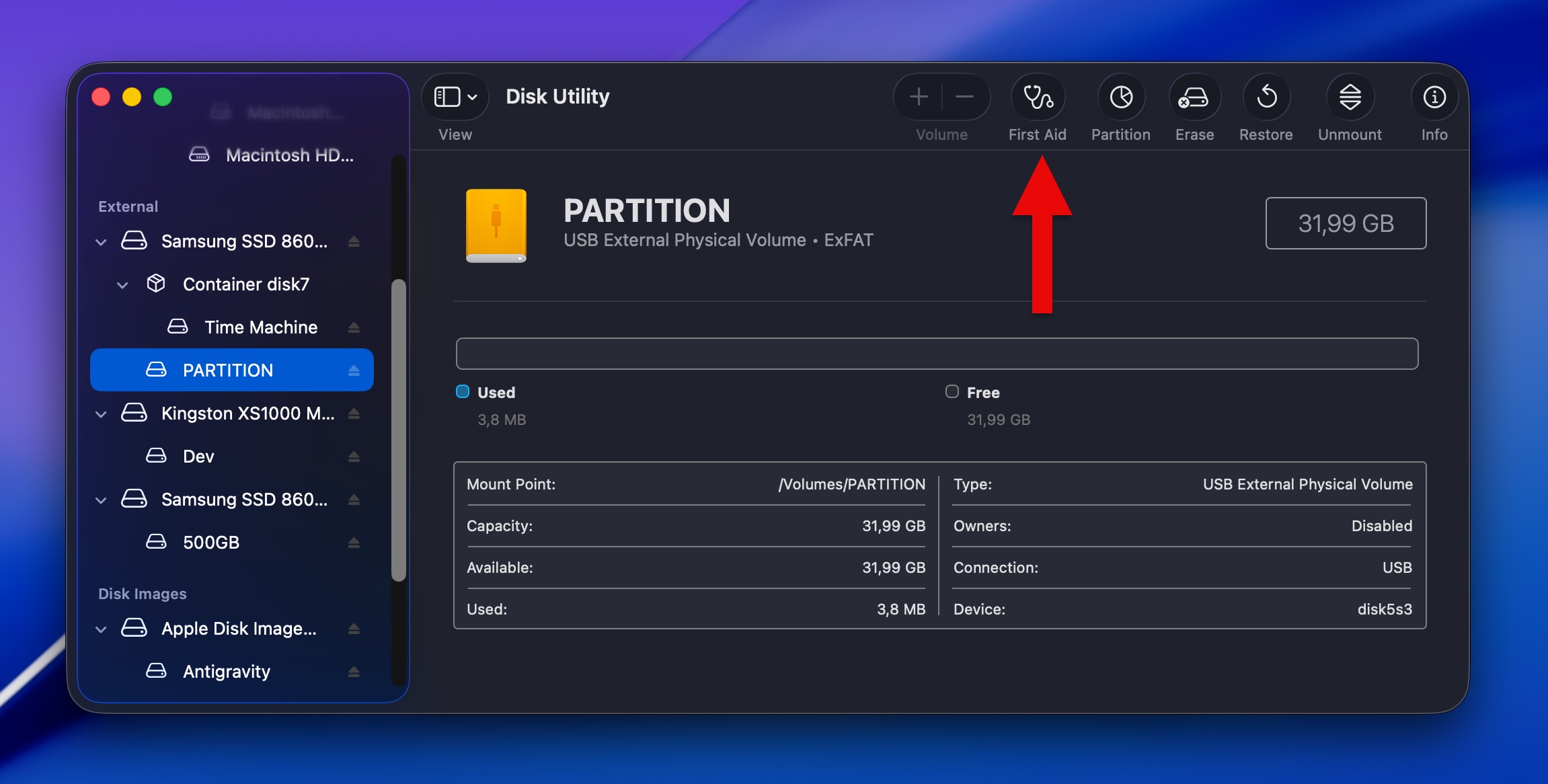 Running First Aid in Disk Utility for an Unmounted Drive