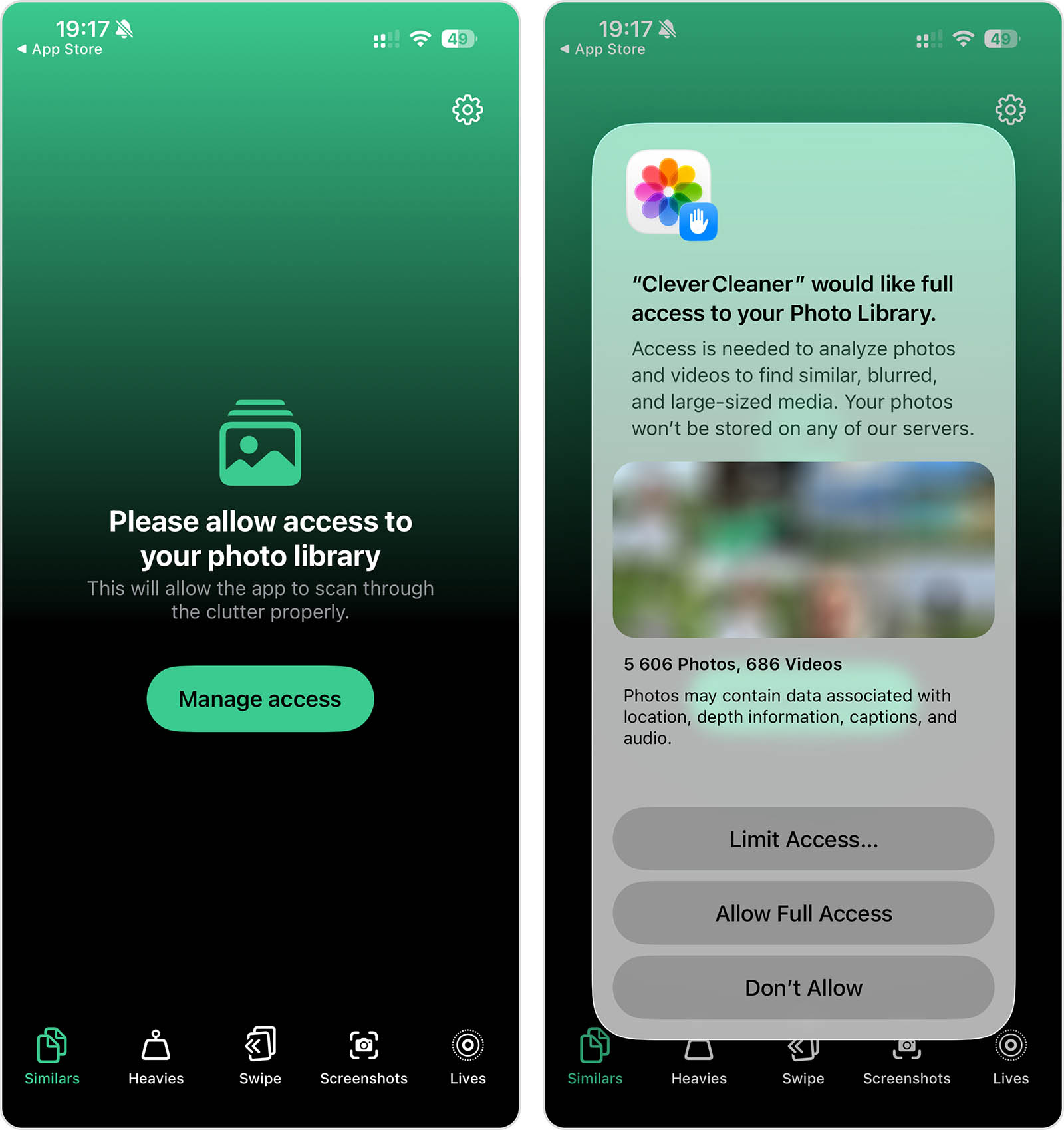 Granting Full Access to photos for Clever Cleaner on iPhone.