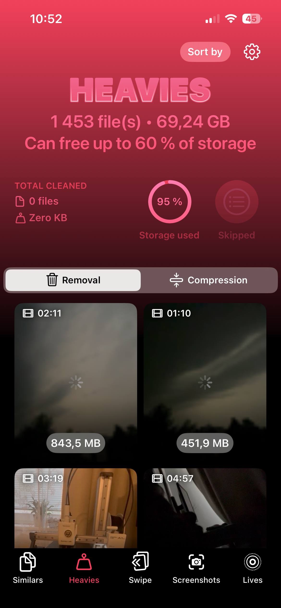 Heavies Tab Showing Videos Sorted by File Size