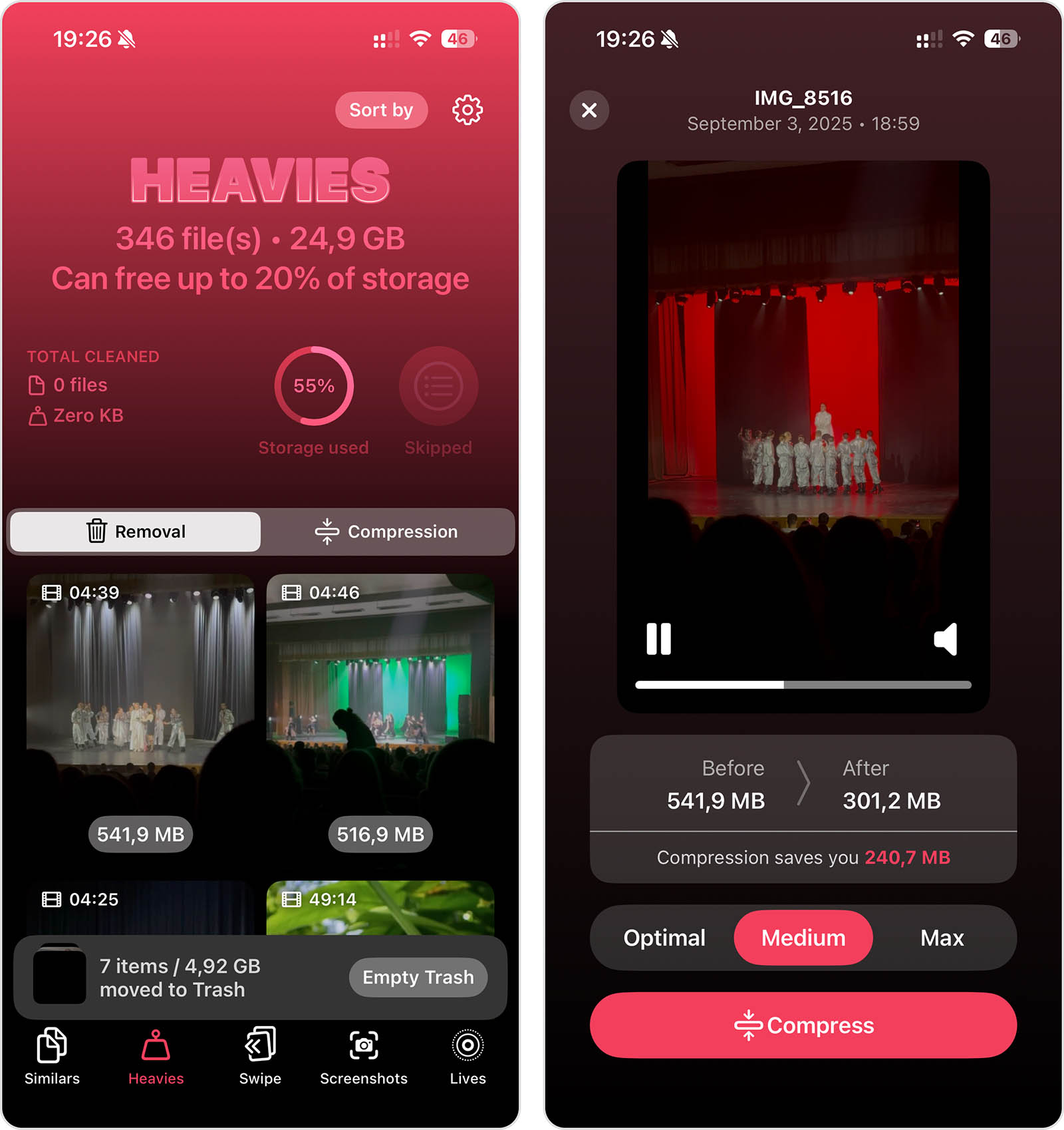 Heavies module in Clever Cleaner for compressing large videos and photos.