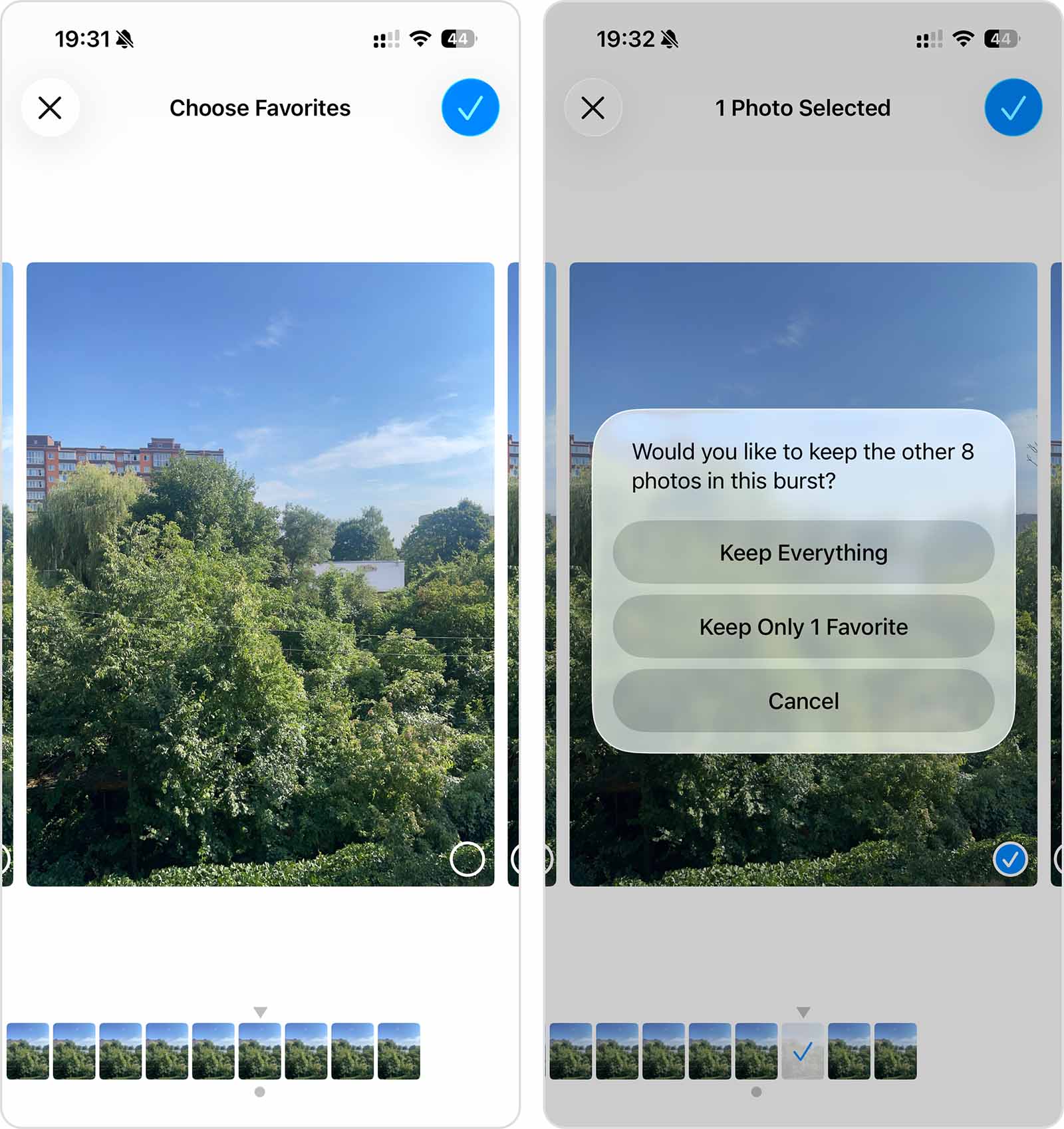 Keeping one favorite photo from a burst series on iPhone.