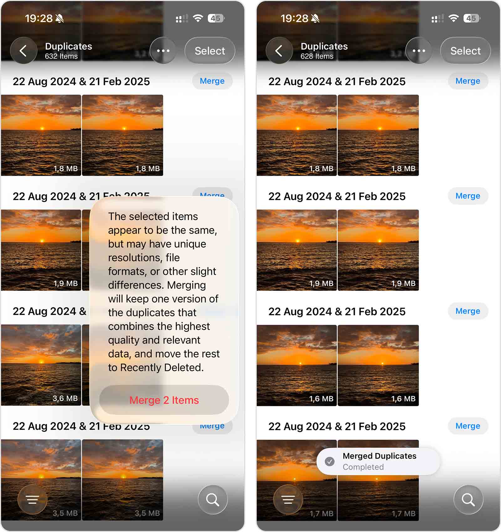 Merging duplicate photos in the Duplicates utility on iPhone.