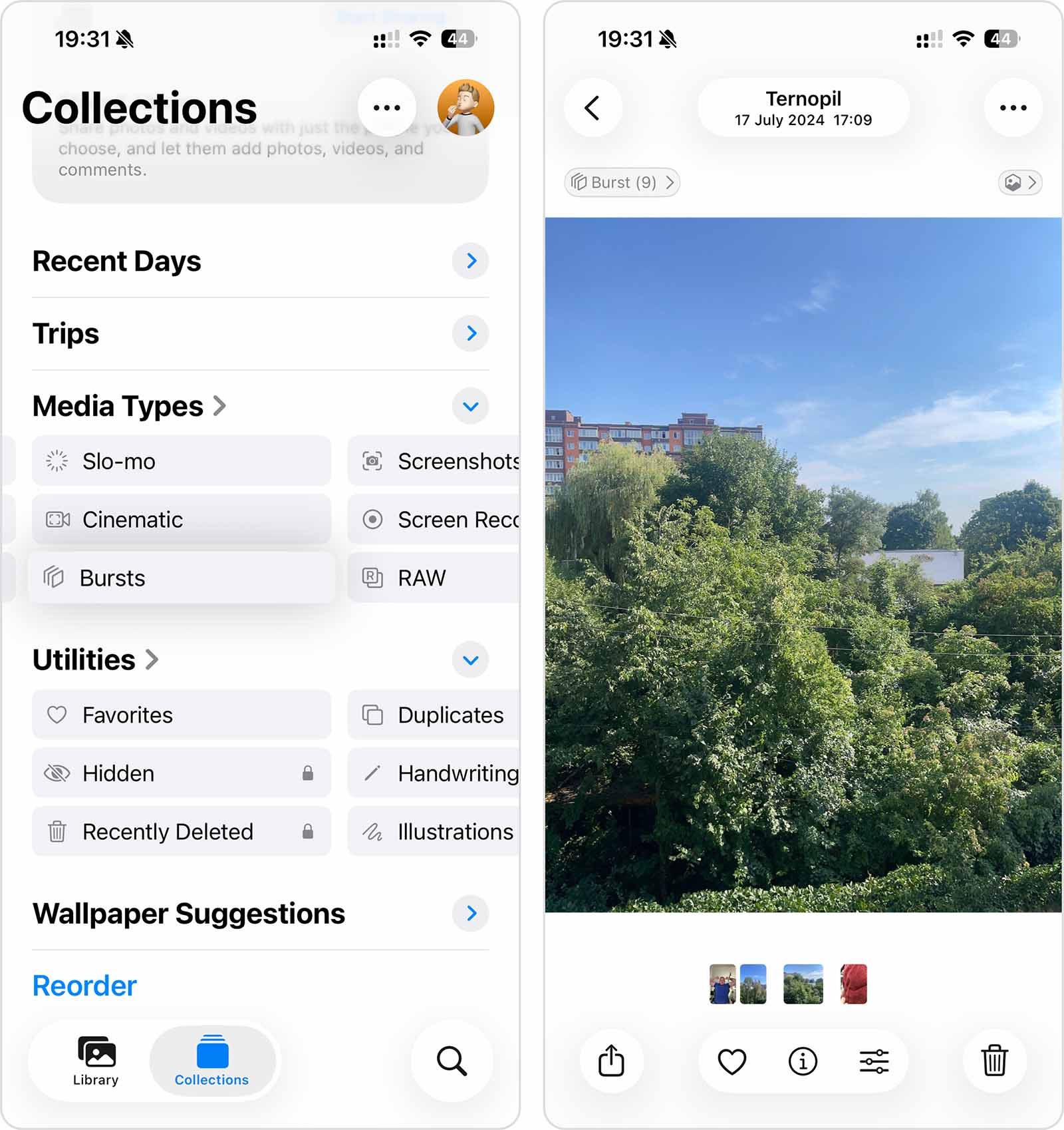 Opening the Bursts collection in the iOS Photos app.