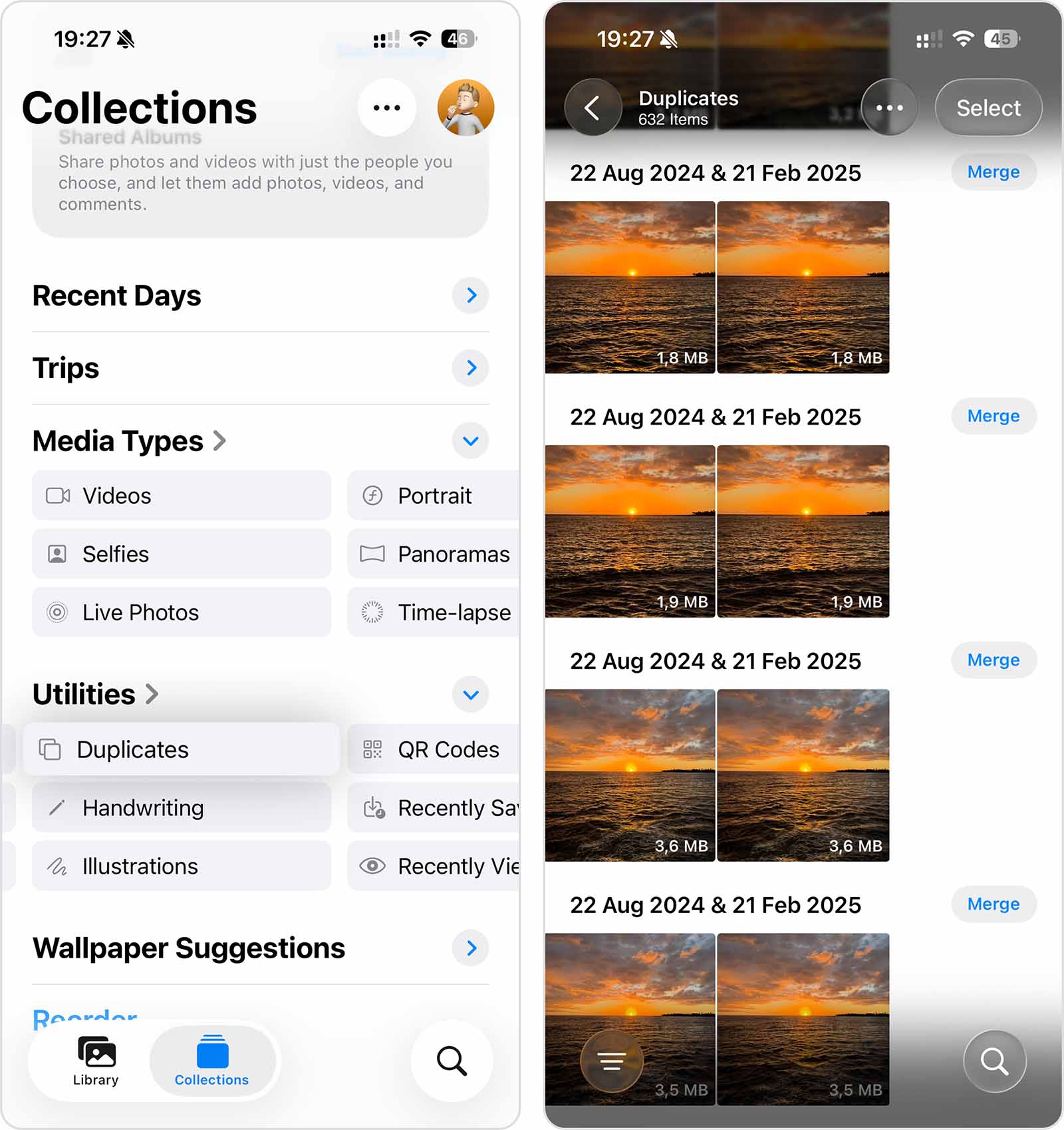 Opening the Duplicates album in the iOS Photos app.
