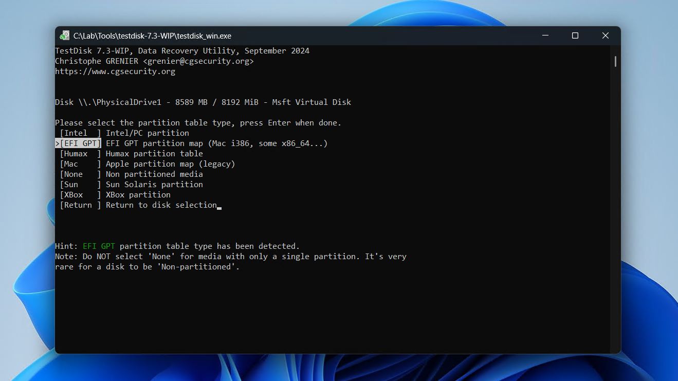 Choosing a partition table type.