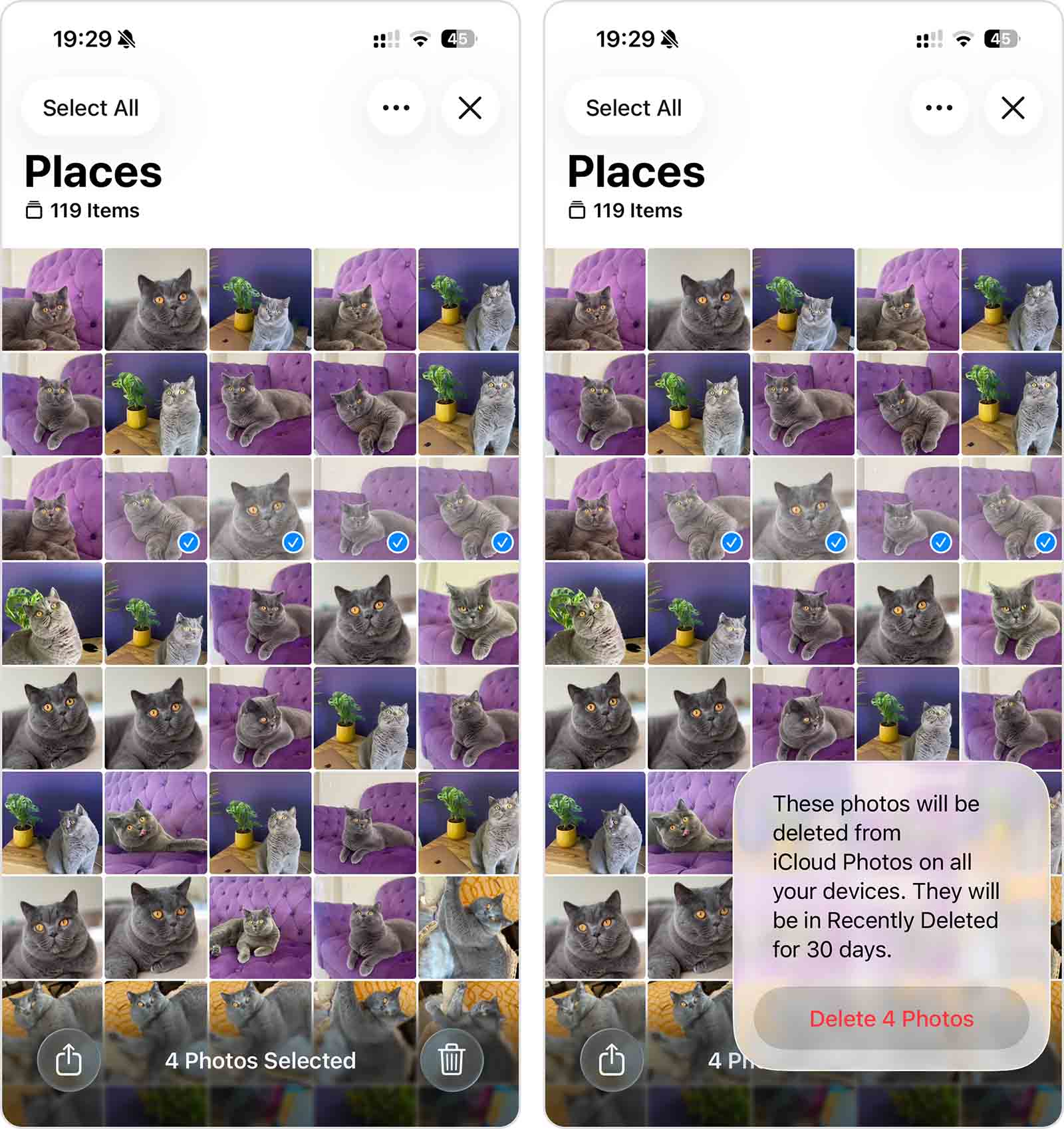 Reviewing and deleting similar photos by location in the Photos app.