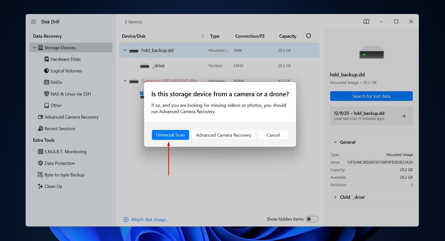 Choosing a scan type.