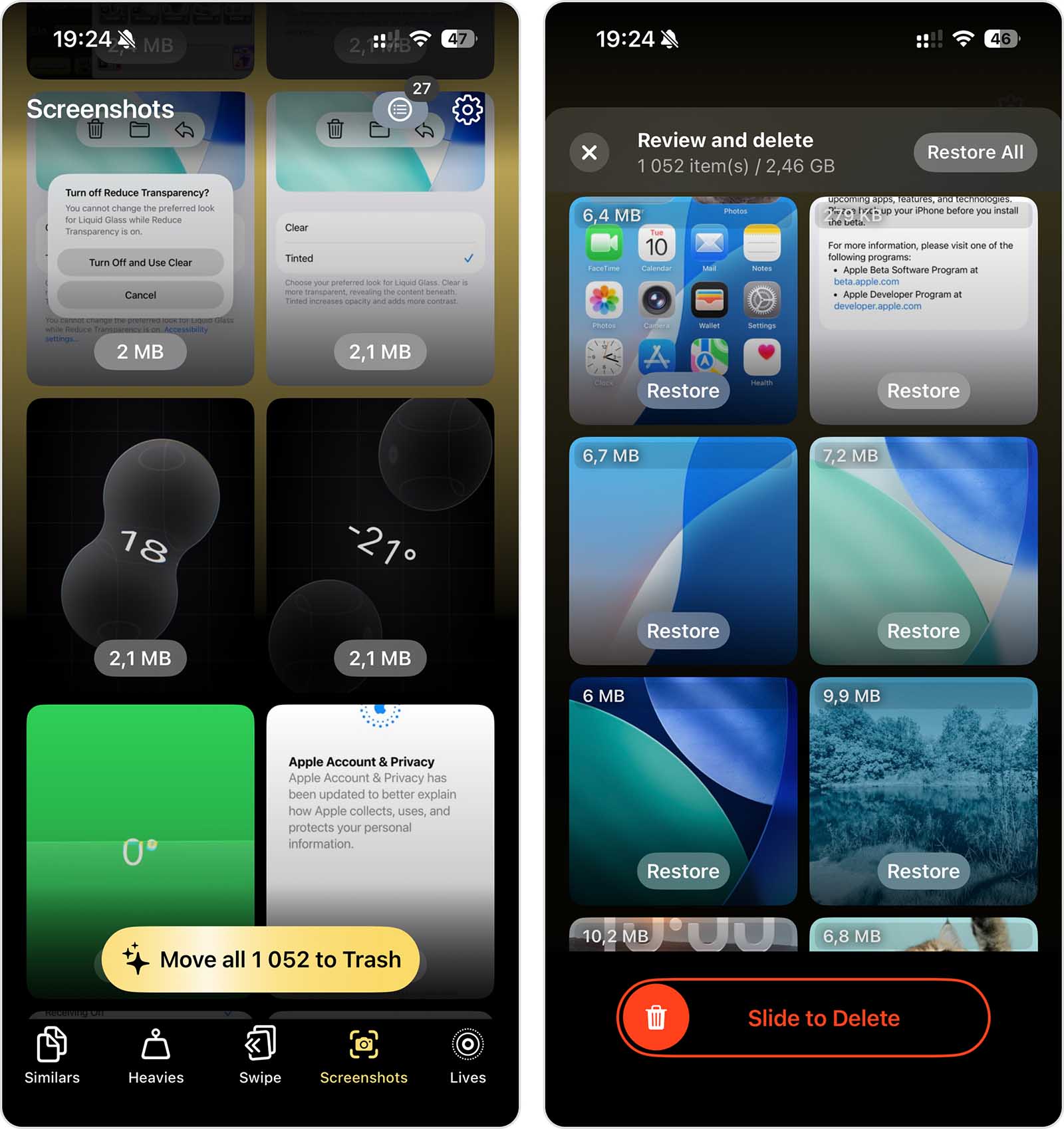 Clever Cleaner Screenshots module showing storage used by screenshots.