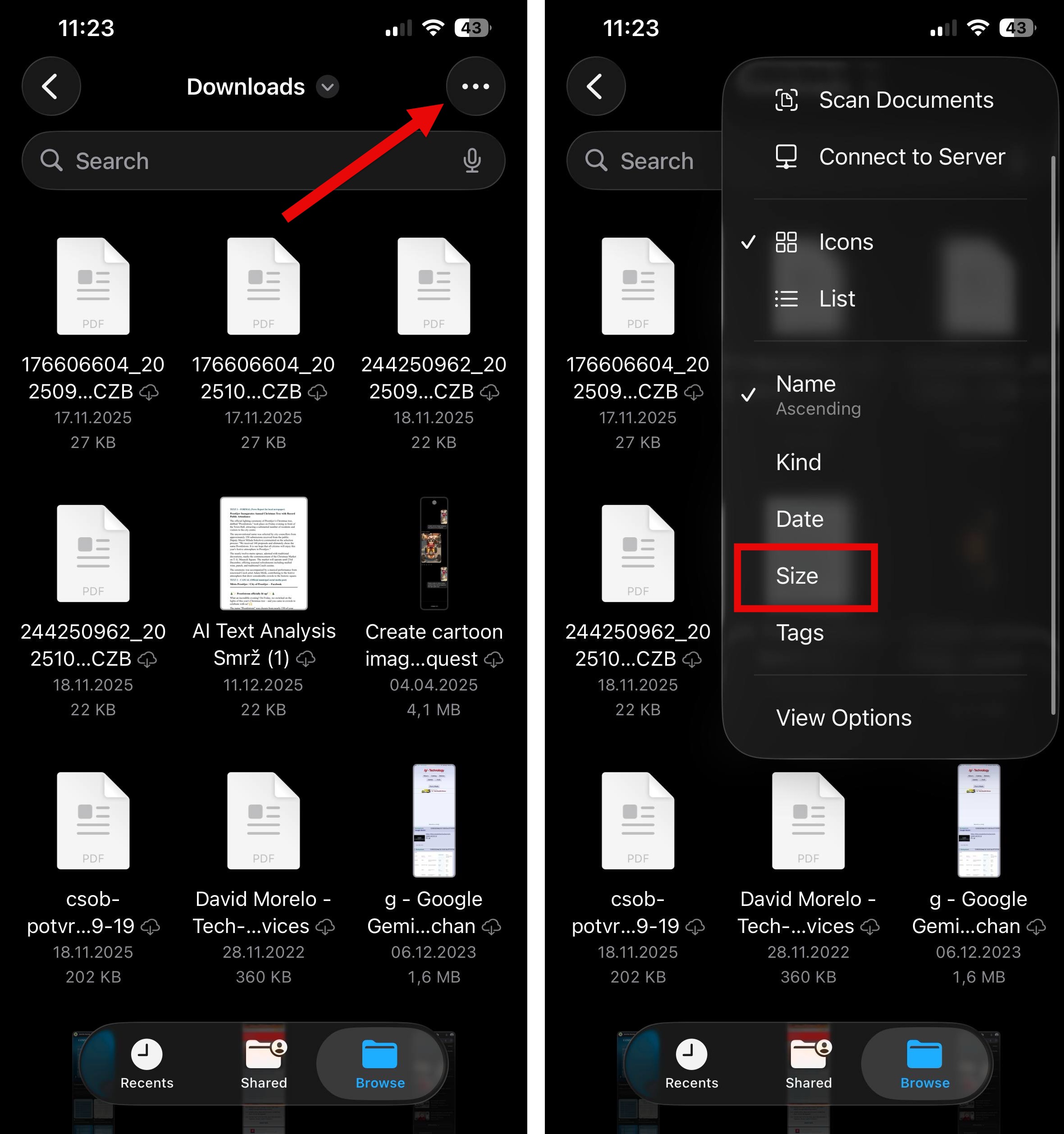 Sort Files by Size in the iPhone Files App
