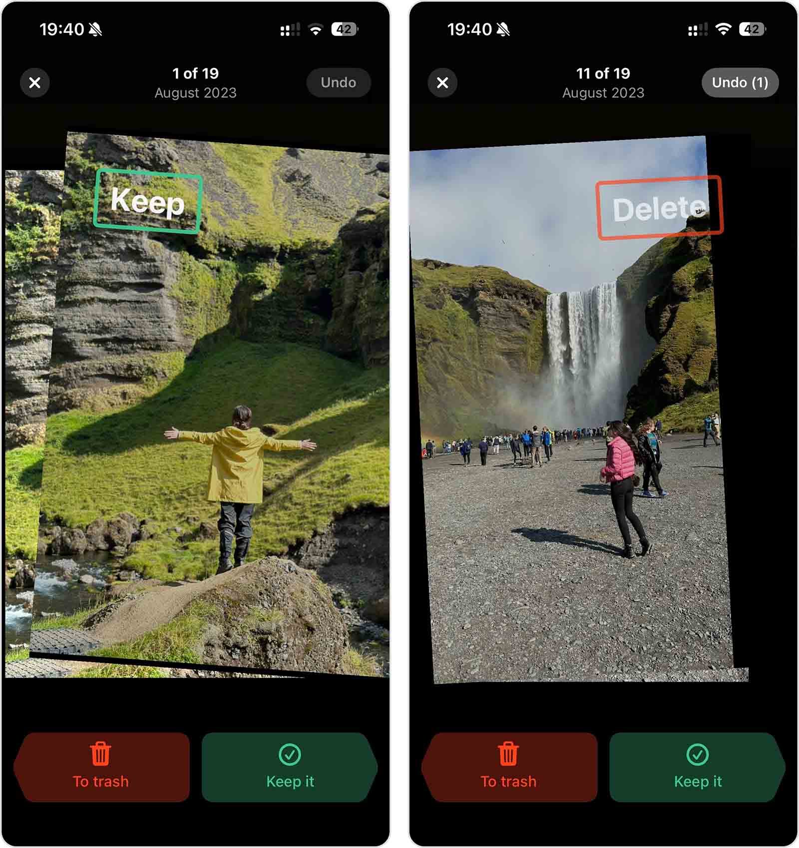 Swipe mode in Clever Cleaner for reviewing photos to keep or delete.