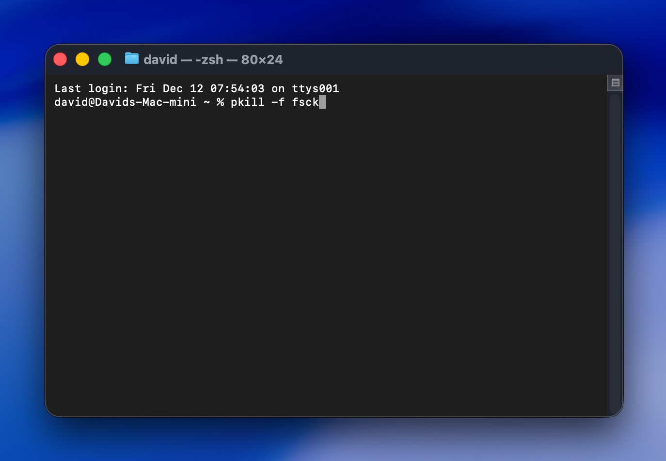 Terminal Command sudo pkill -f fsck to Stop a Stuck FSCK Process