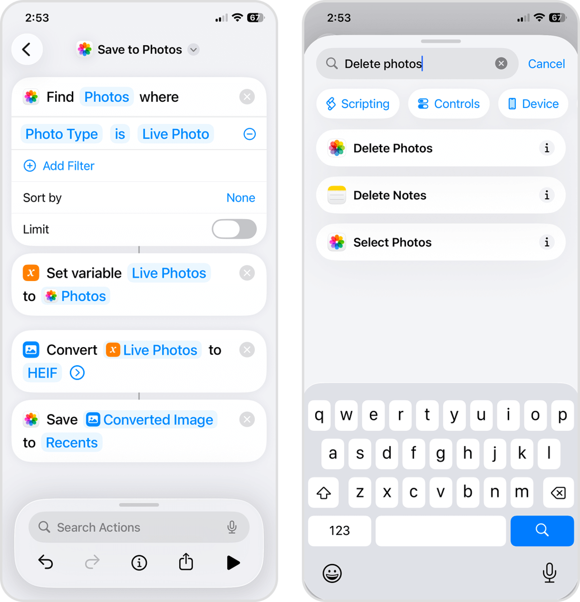 Delete Photos action in Shortcuts