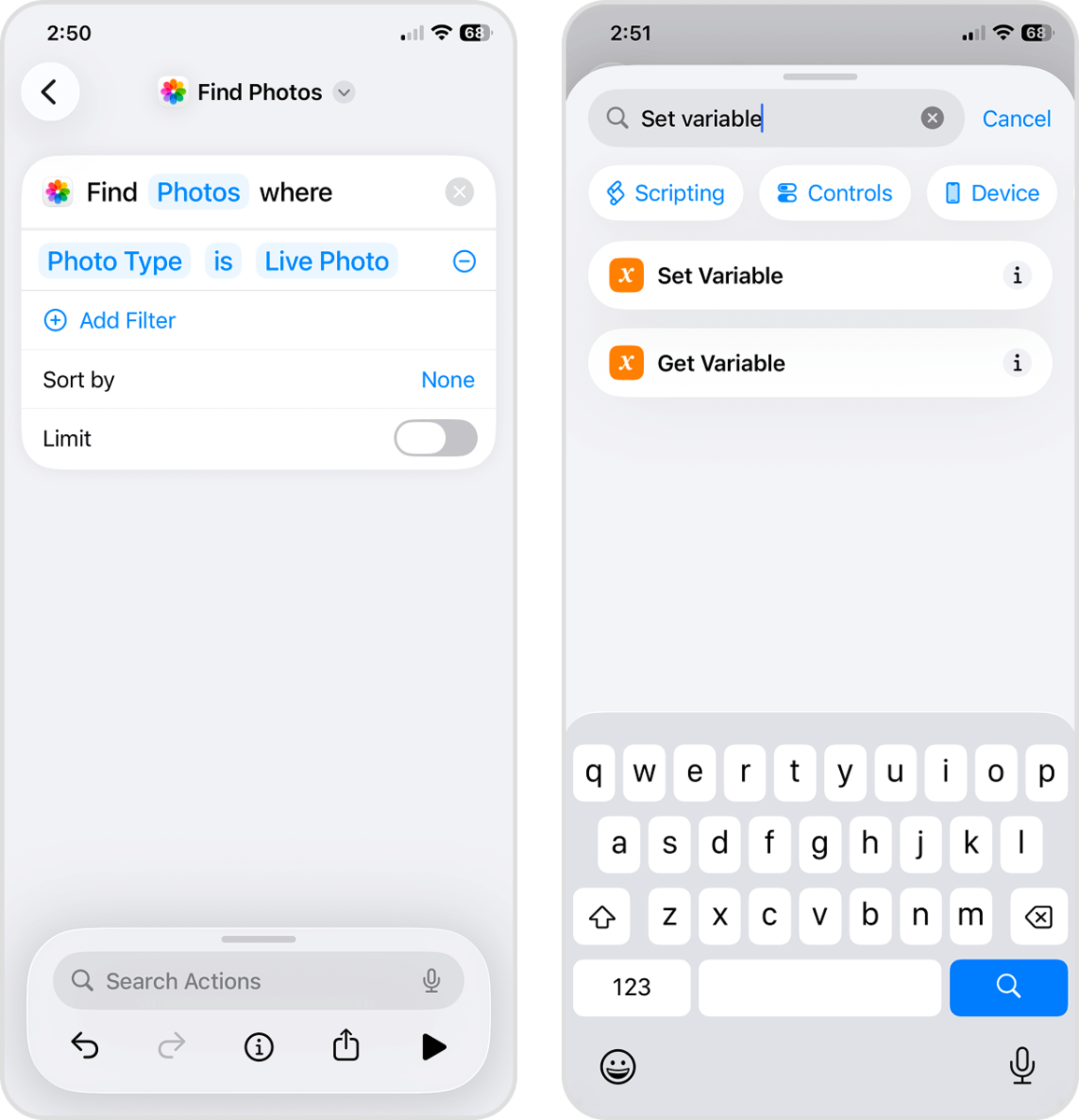Setting Photo Type to Live Photo and selecting Set Variable
