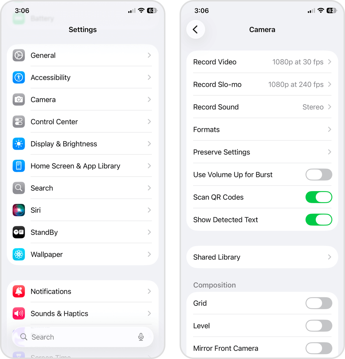 Camera menu in the Settings app