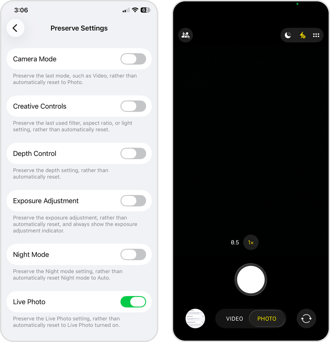Menu button in the Camera app