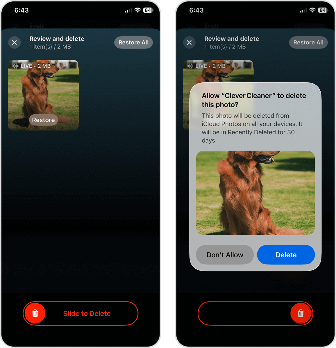 Delete confirmation in the Clever Cleaner app