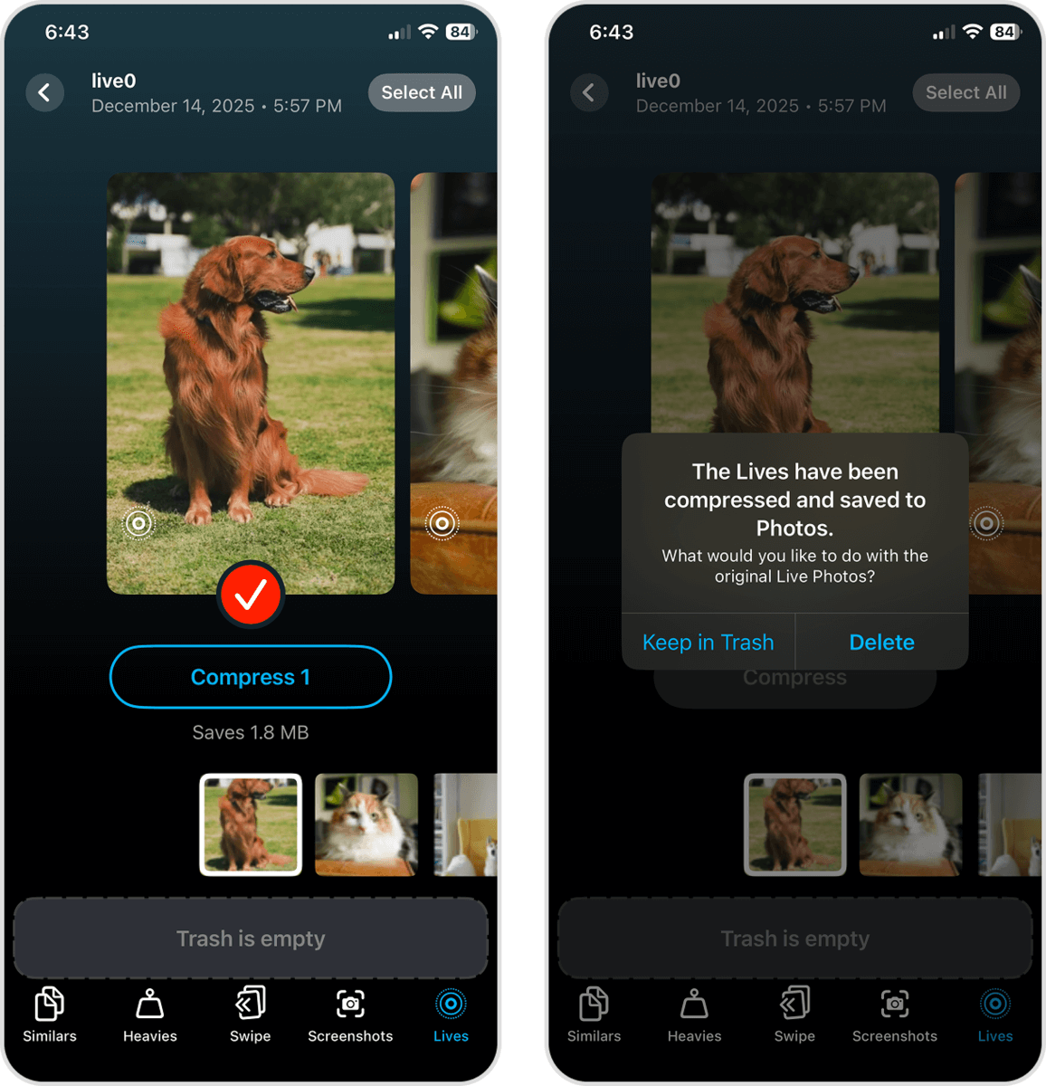 Selecting Live Photos and deleting them in the Clever Cleaner app