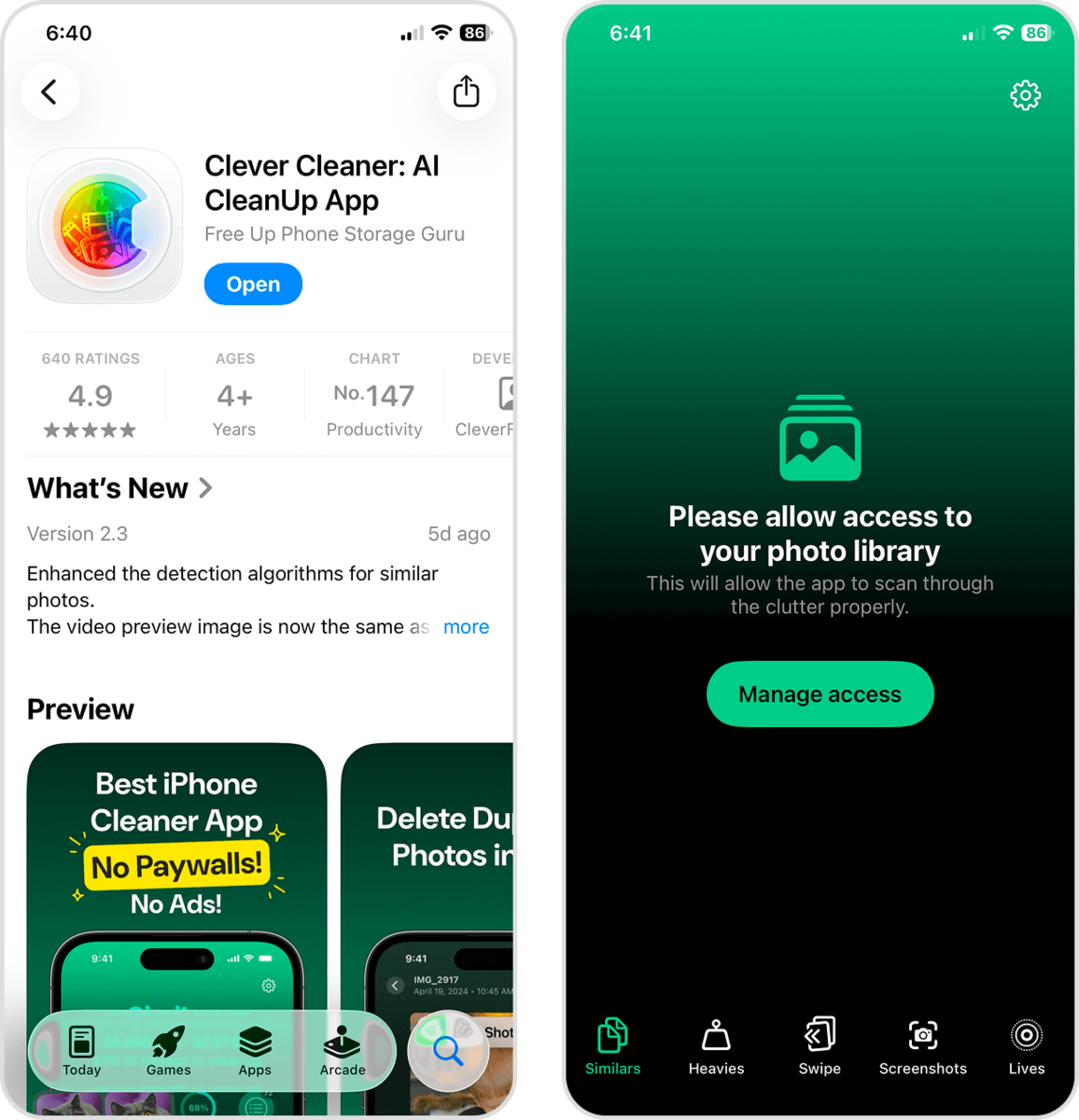 Photo library access screen in the Clever Cleaner app