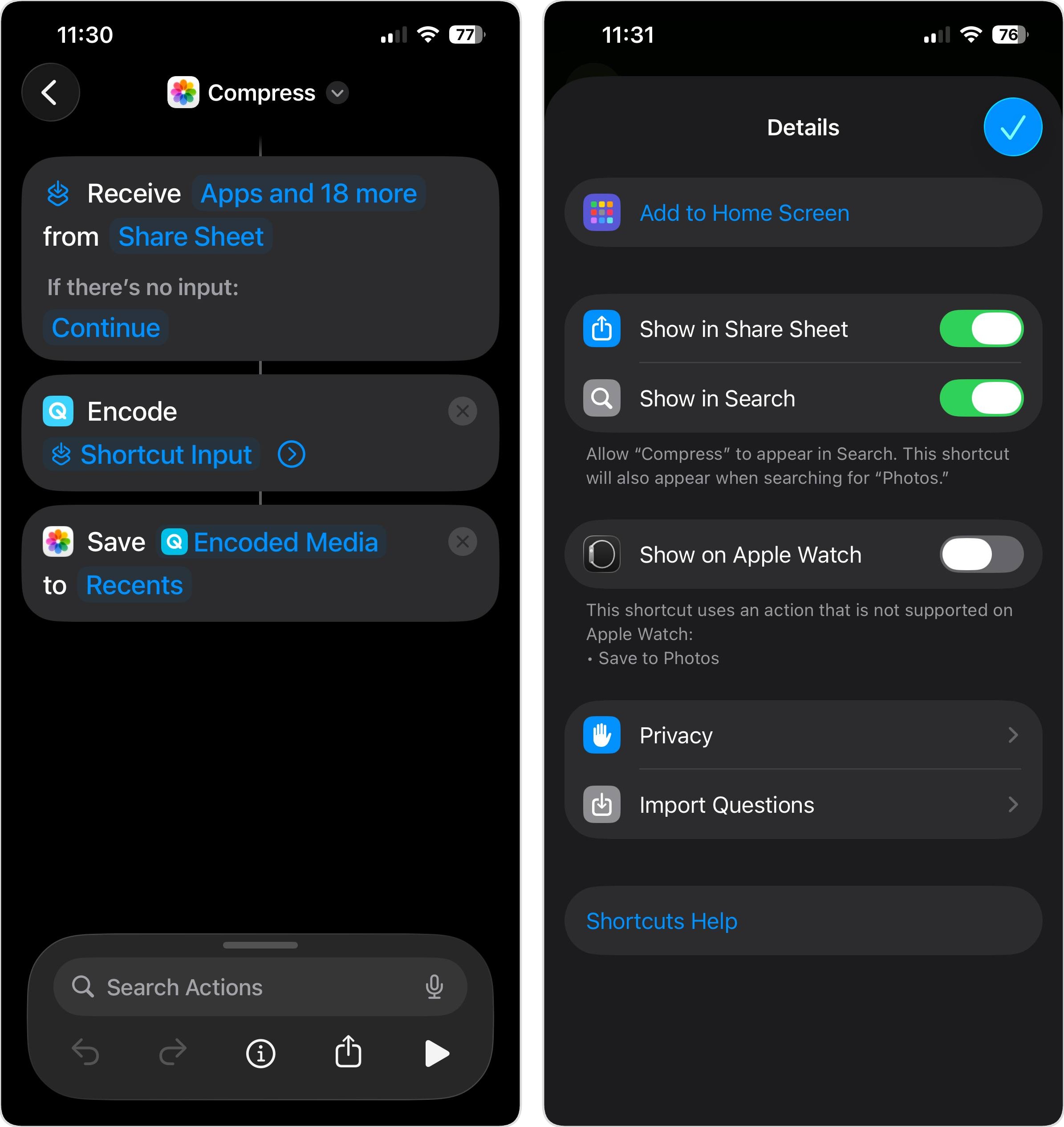 iPhone Shortcuts Workflow to Encode Video and Save to Photos