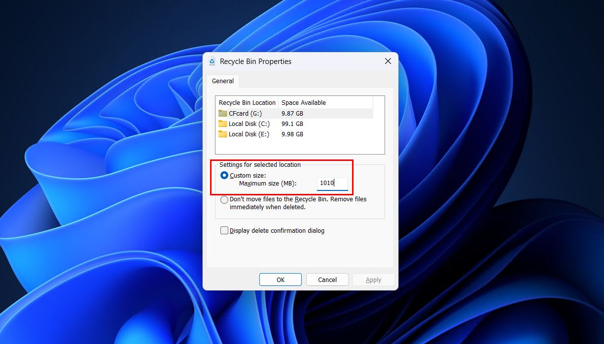 Changing the Recycle Bin size.
