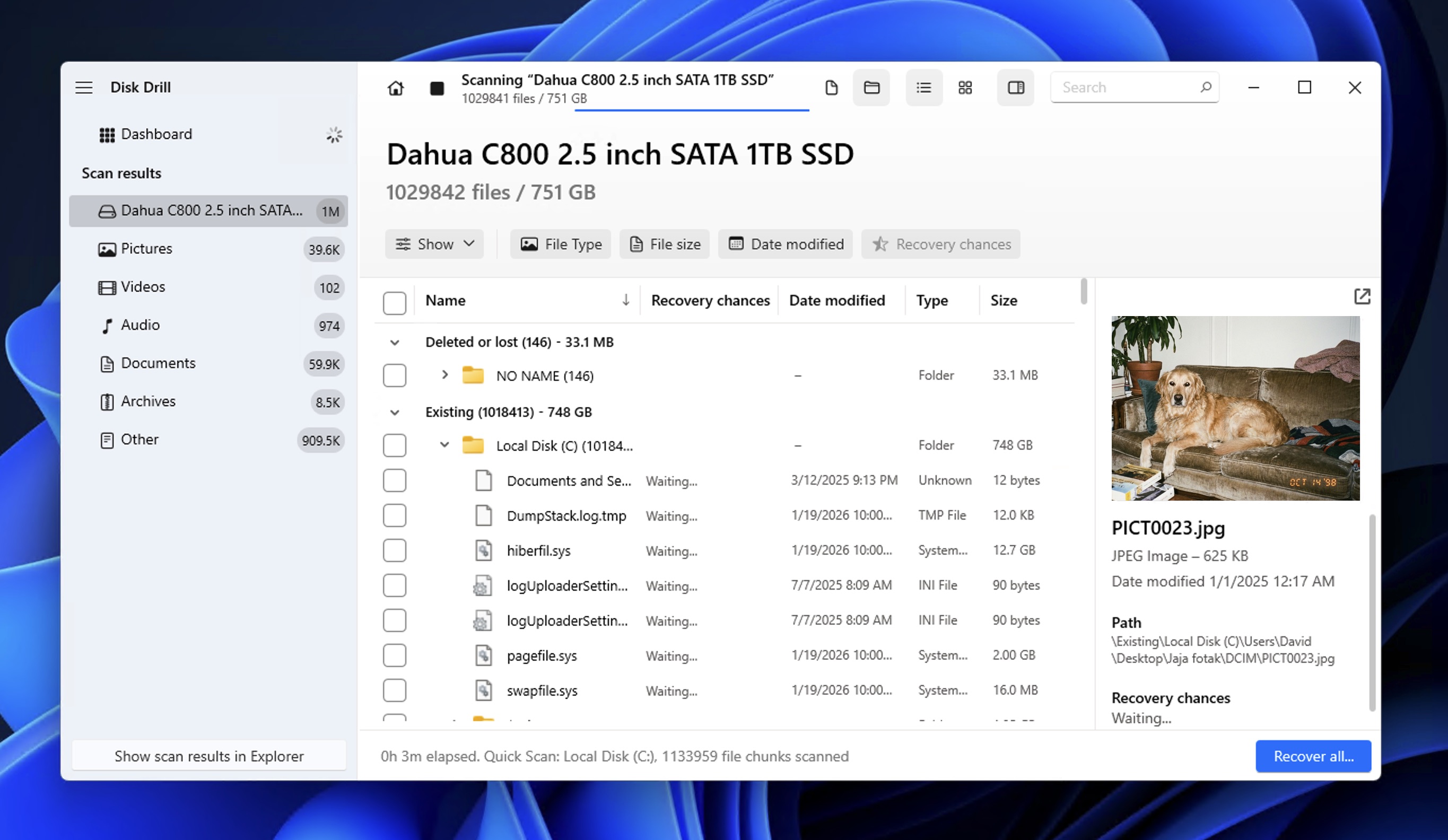 Disk Drill recovery results screen on Windows