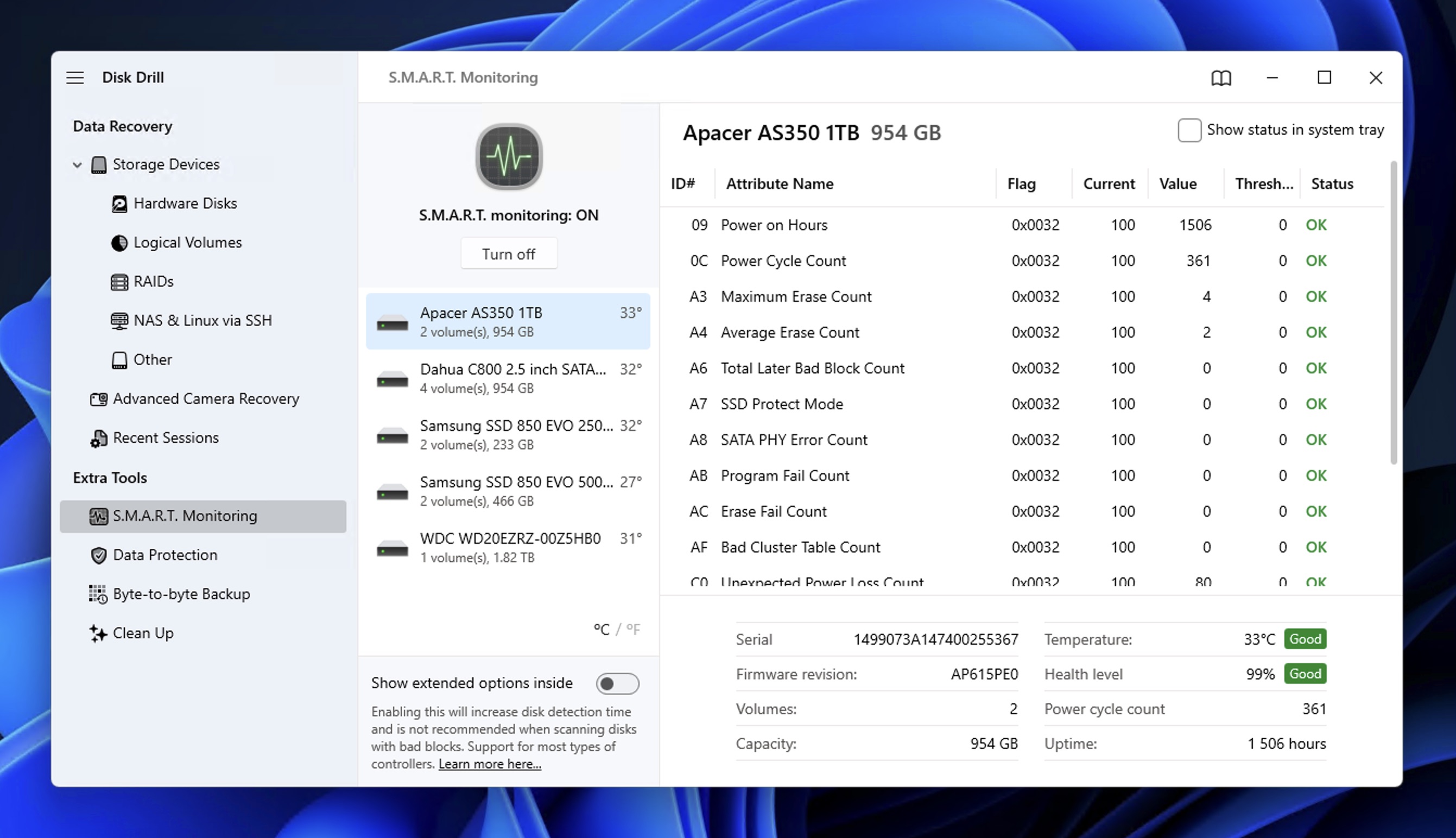 Disk Drill S.M.A.R.T. monitoring and disk health status
