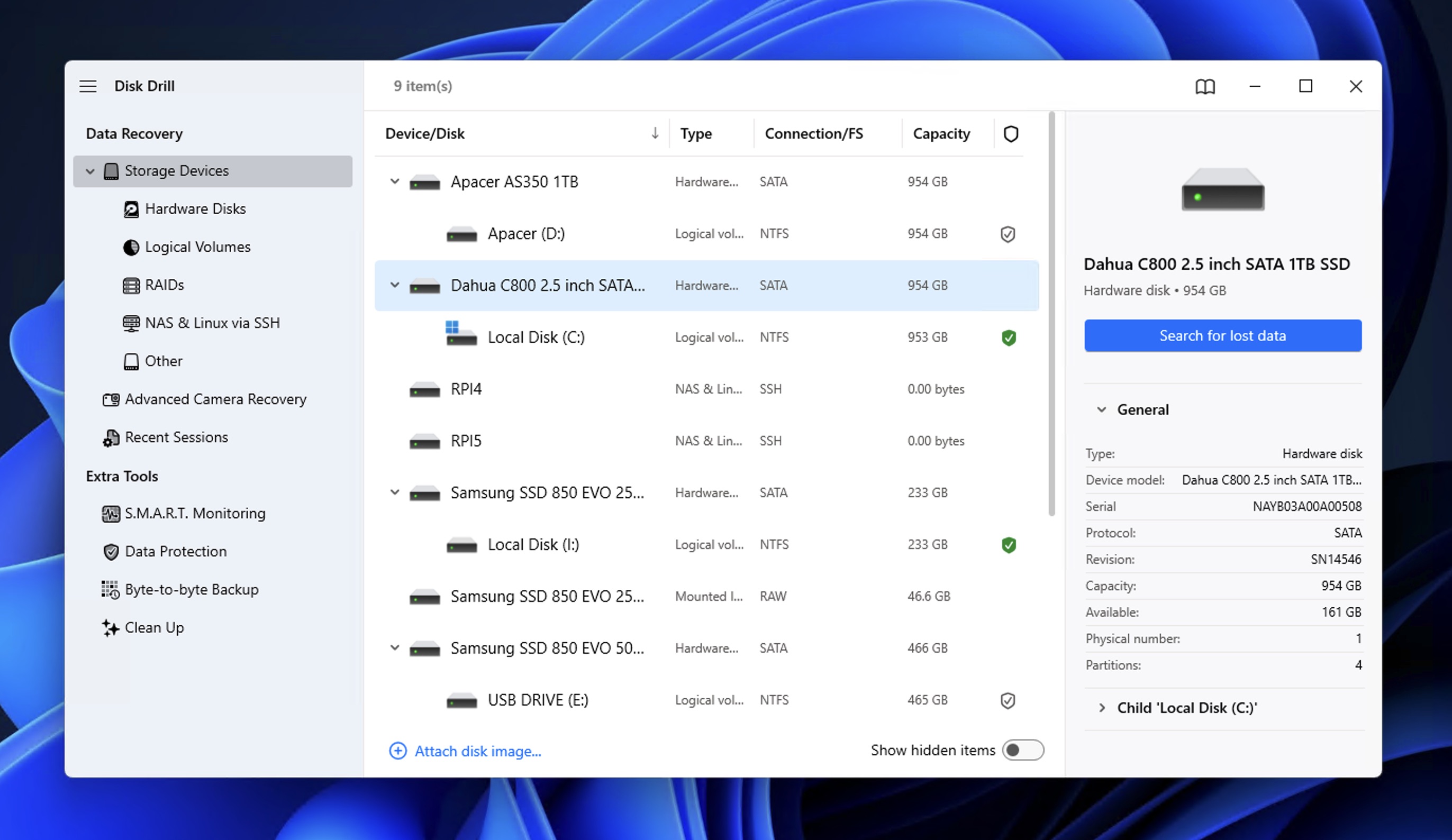 Disk Drill storage devices list on Windows