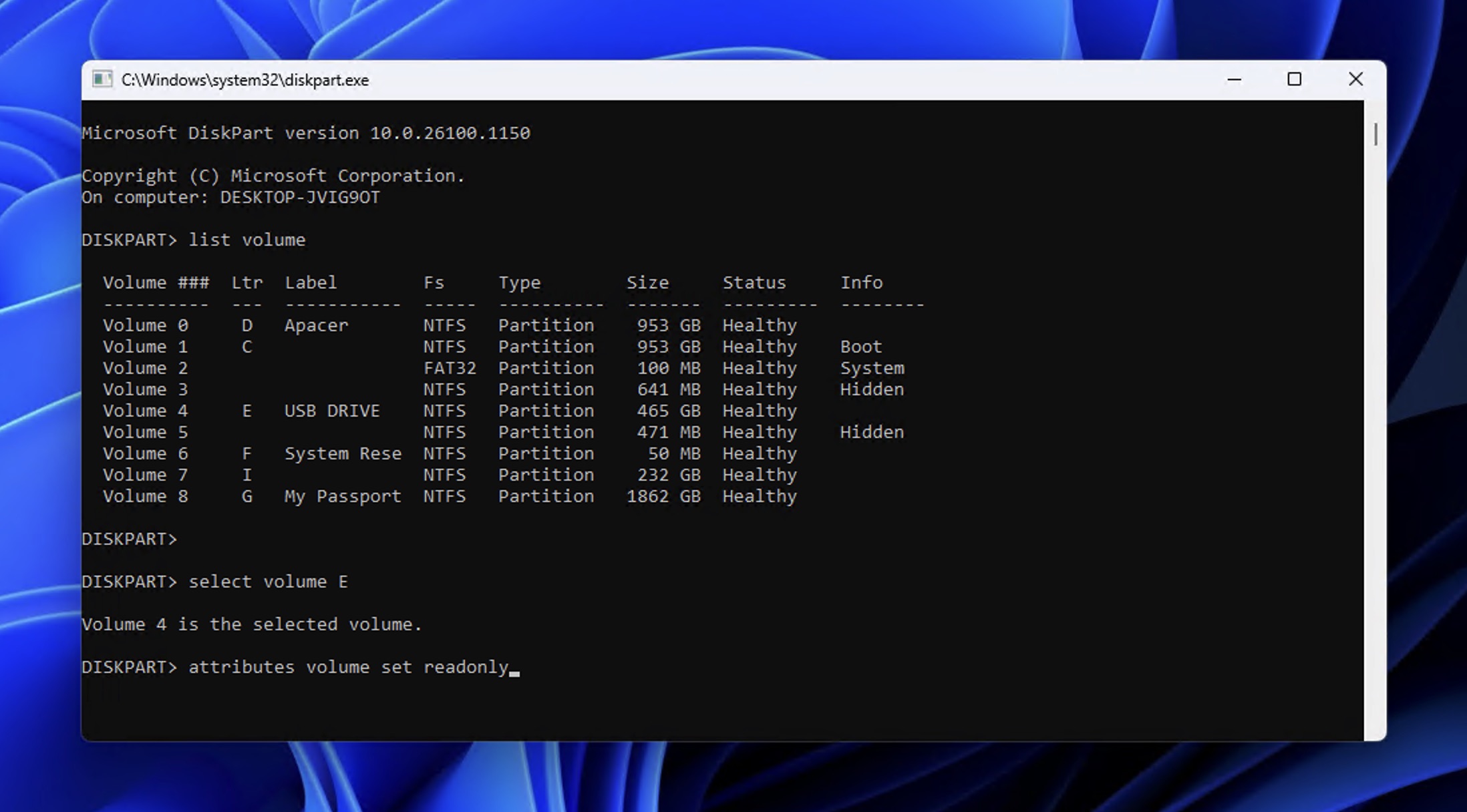 Setting a disk to read-only with DiskPart in Windows