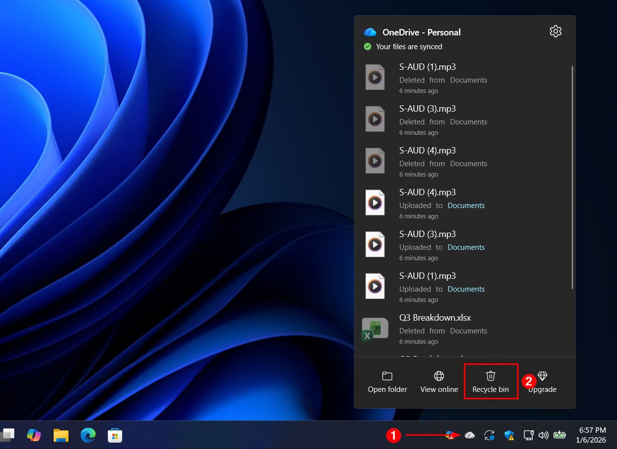 Opening the OneDrive recycle bin.