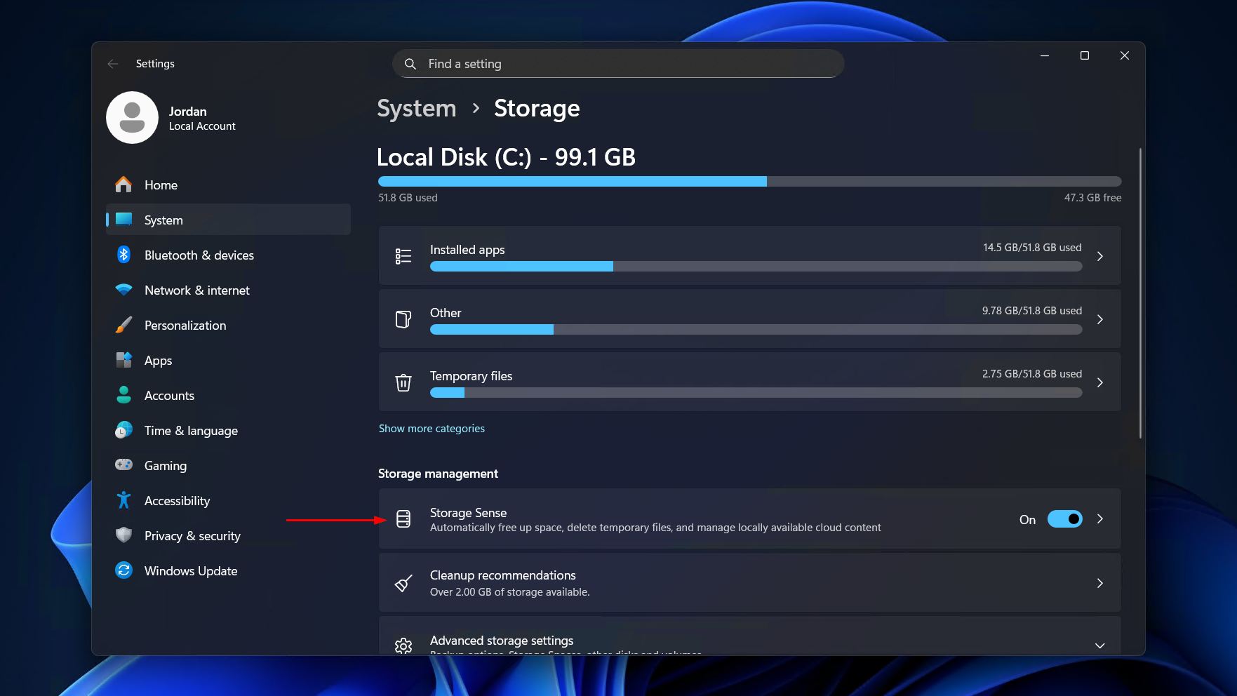 Opening Storage Sense.
