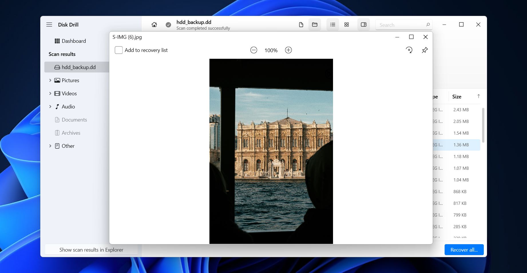 Previewing recoverable data.