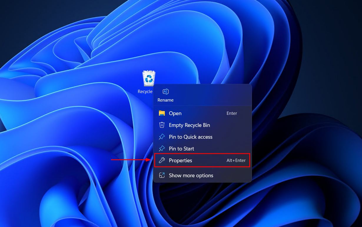 Accessing the Recycle Bin properties.