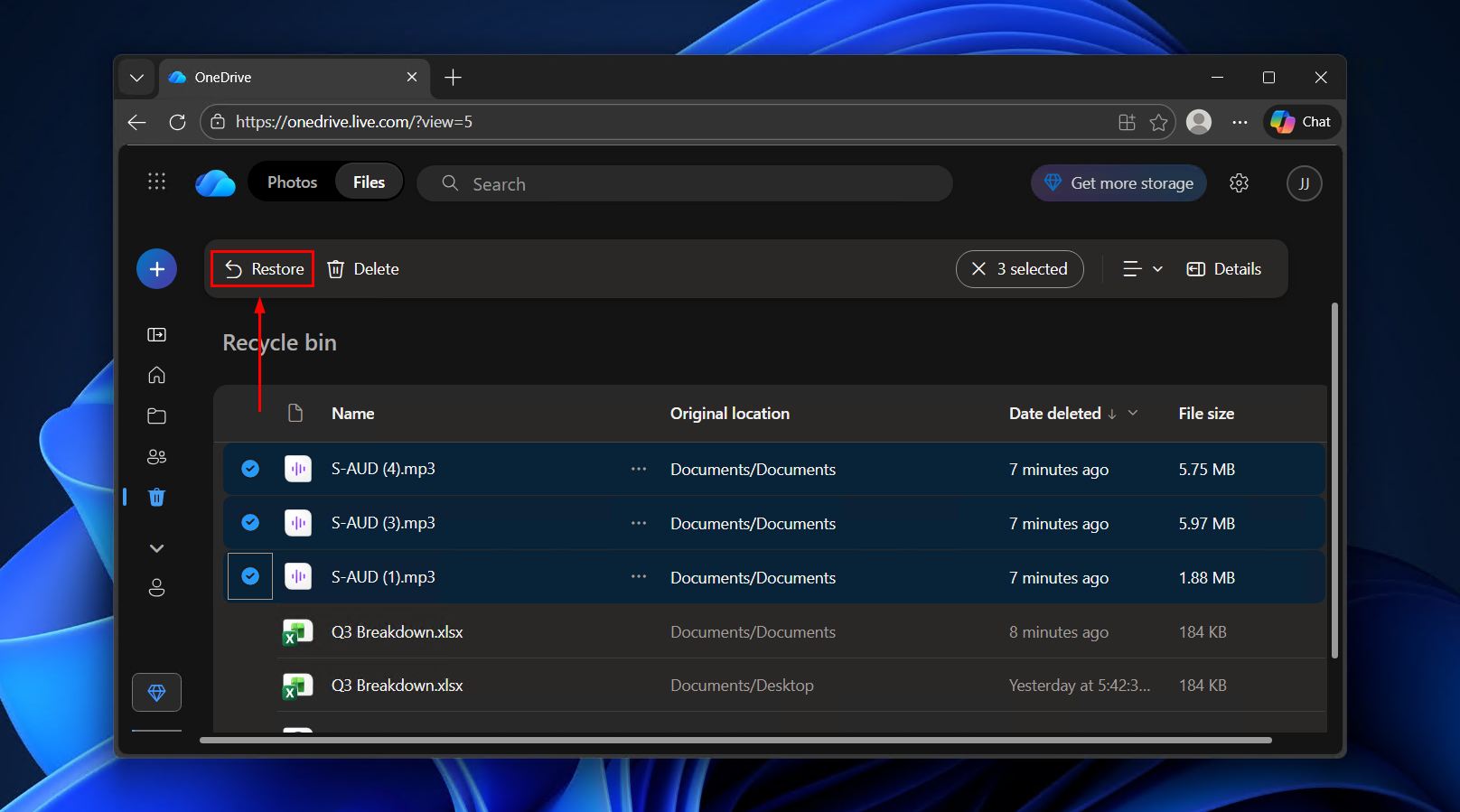 Restoring the OneDrive files.