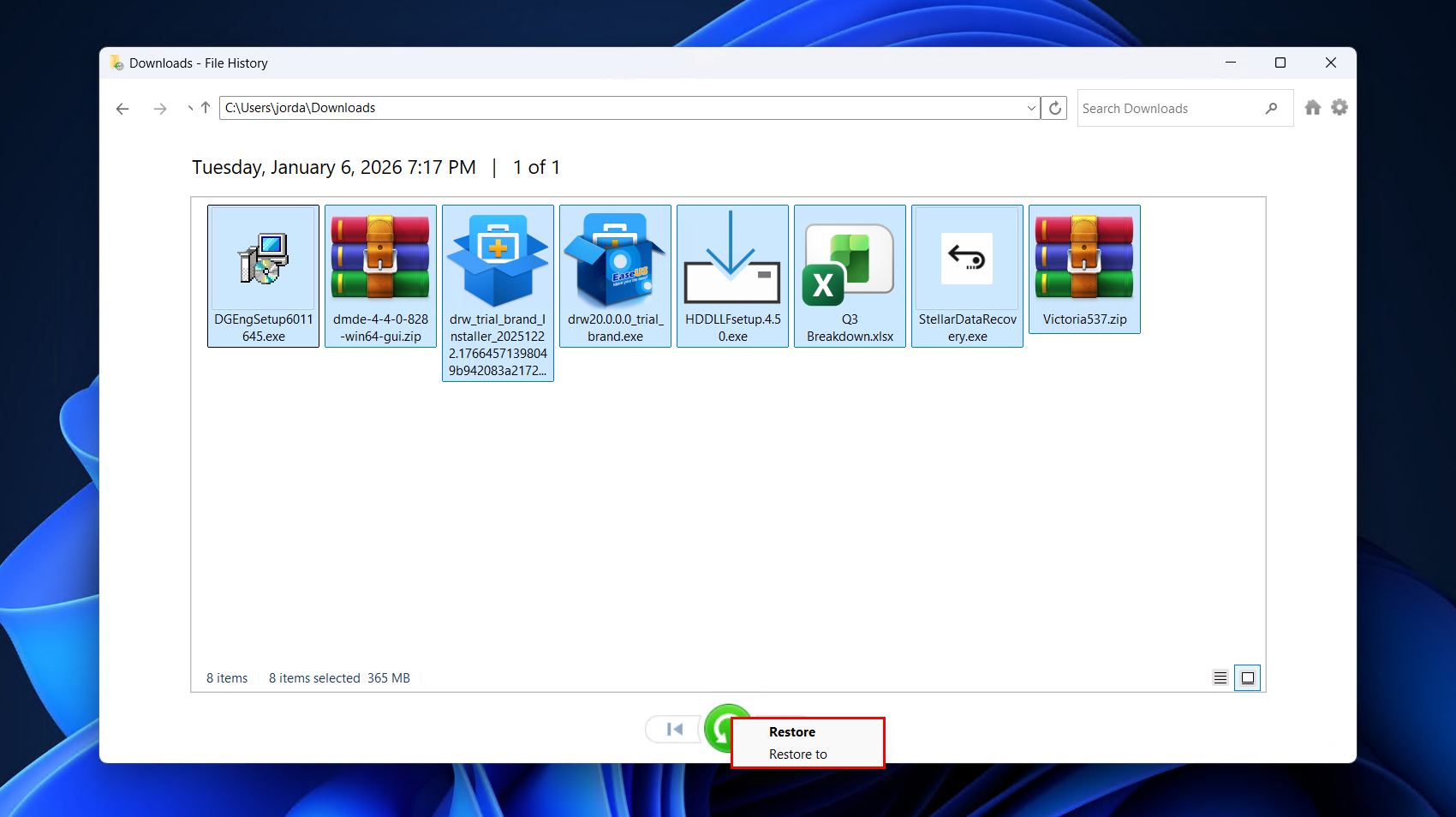 The File History restore options.