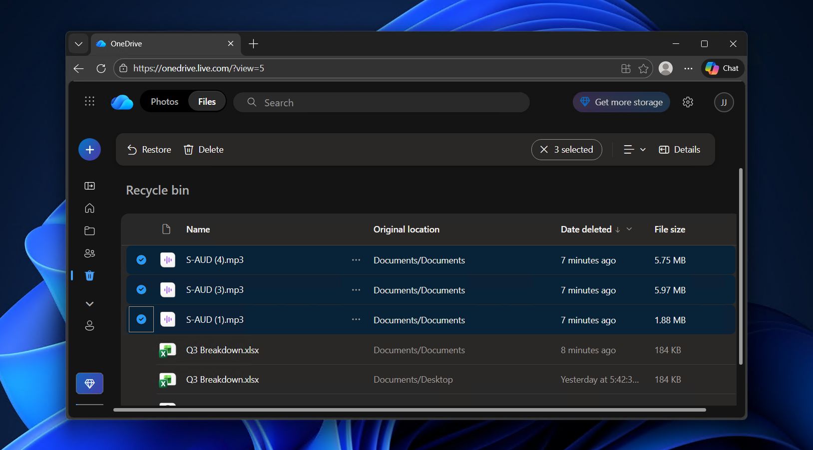 Selecting the OneDrive files.