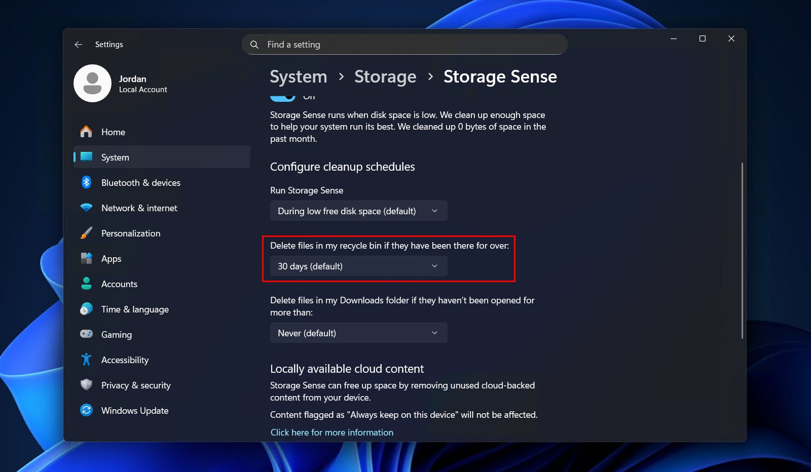 The Storage Sense frequency.
