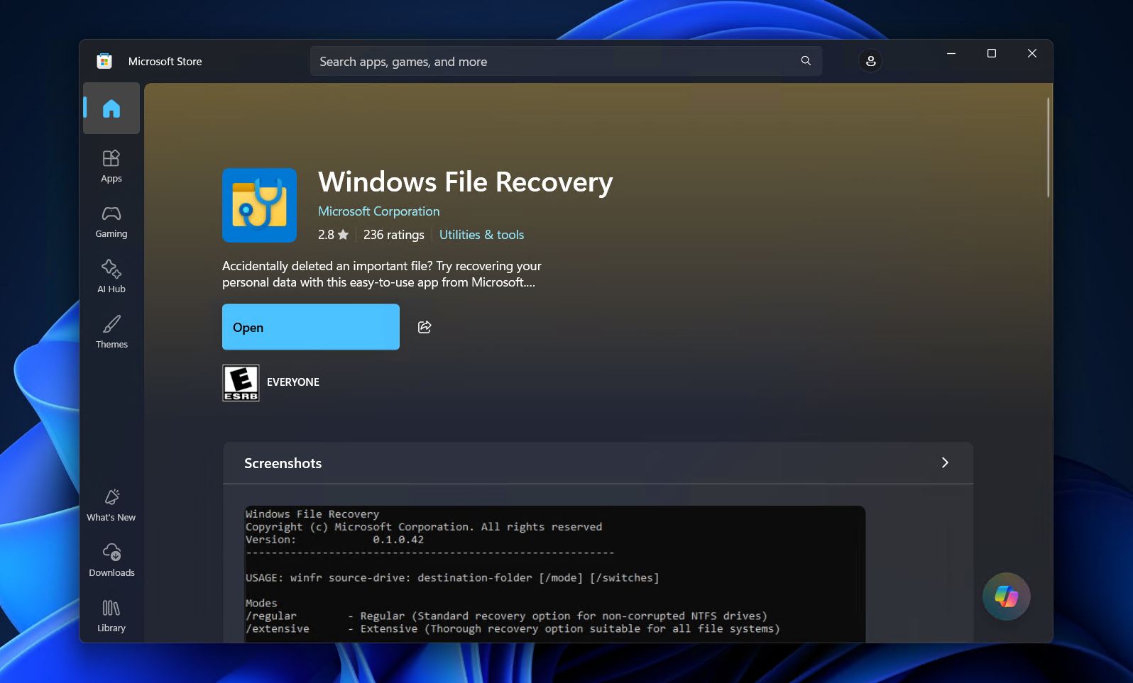 The Windows File Recovery page.