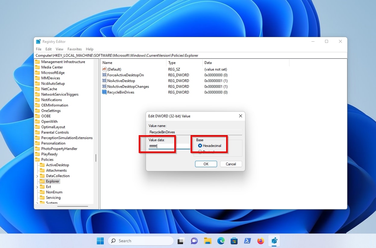 Registry Editor Policies Explorer RecycleBinDrives Value Data